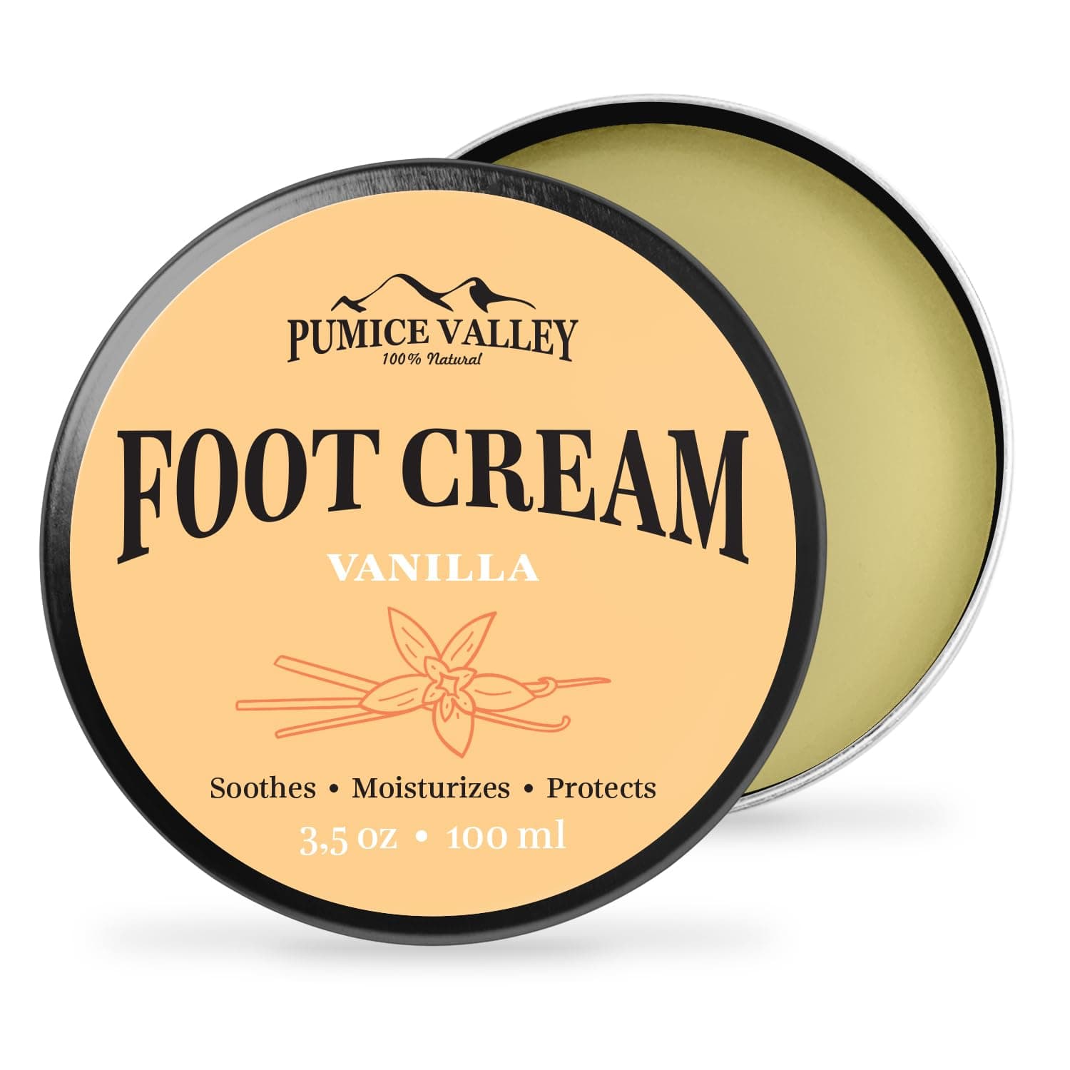 Pumice Valley 3.5 Oz Vanilla Foot Balm jar for dry cracked heels and feet.