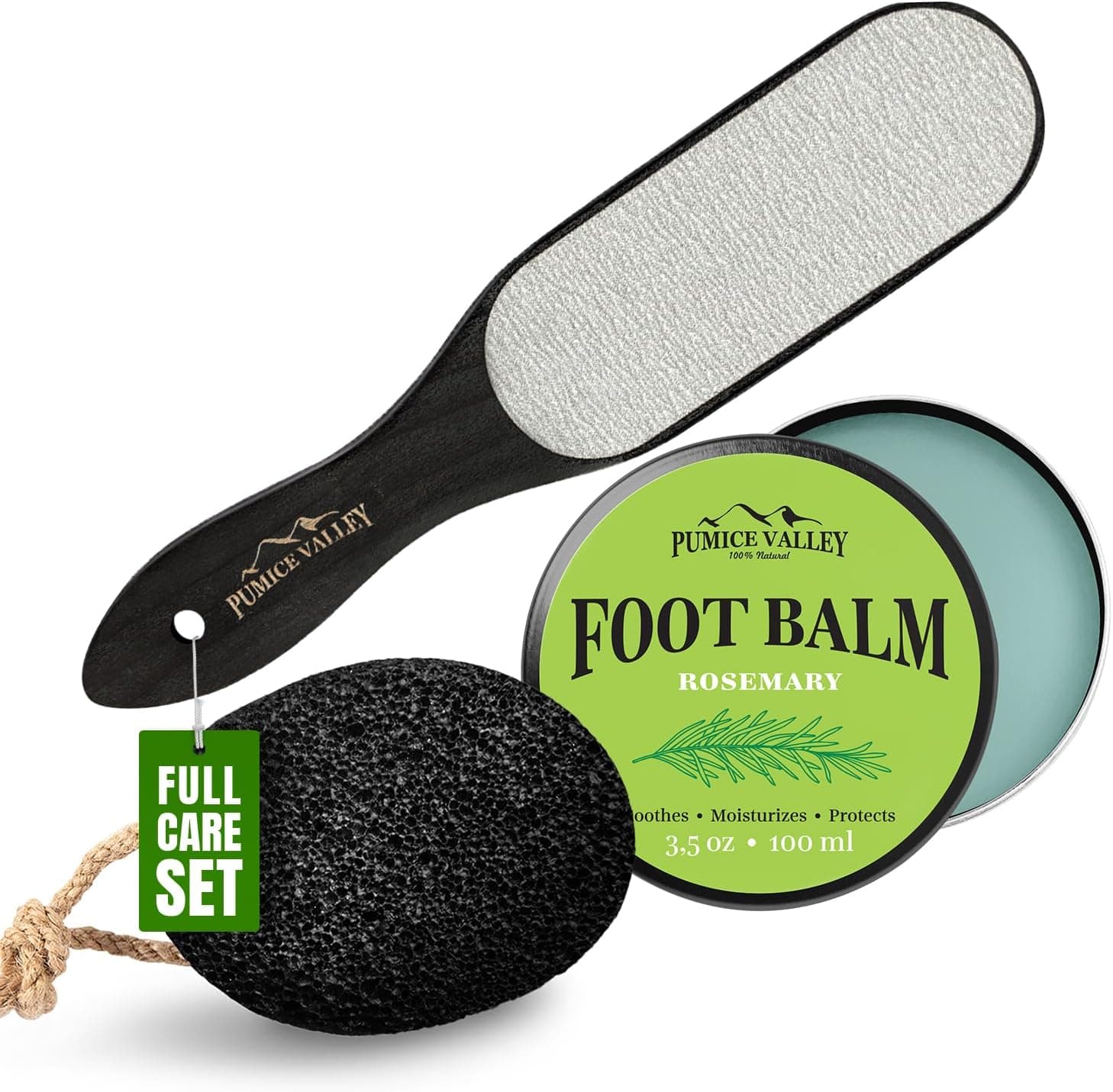 Pumice Valley 3-piece set with natural lava stone, professional foot file, and Rosemary Foot Balm.