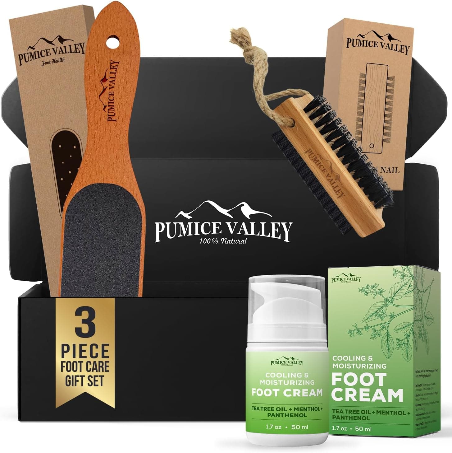 Pumice Valley 3-piece foot care set featuring a pumice stone, foot file, and Panthenol-infused foot cream.