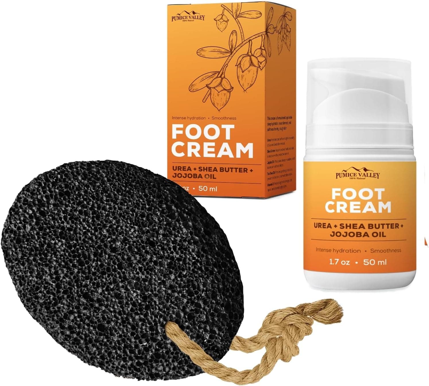 Pumice Valley set featuring a natural black lava stone and a tube of Urea & Jojoba foot cream.