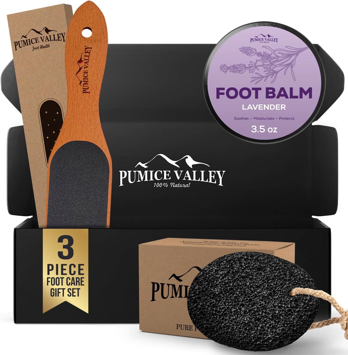 Pumice Valley 3-piece foot care set with lava stone, foot file, and large 3.5 Oz Lavender Foot Balm.