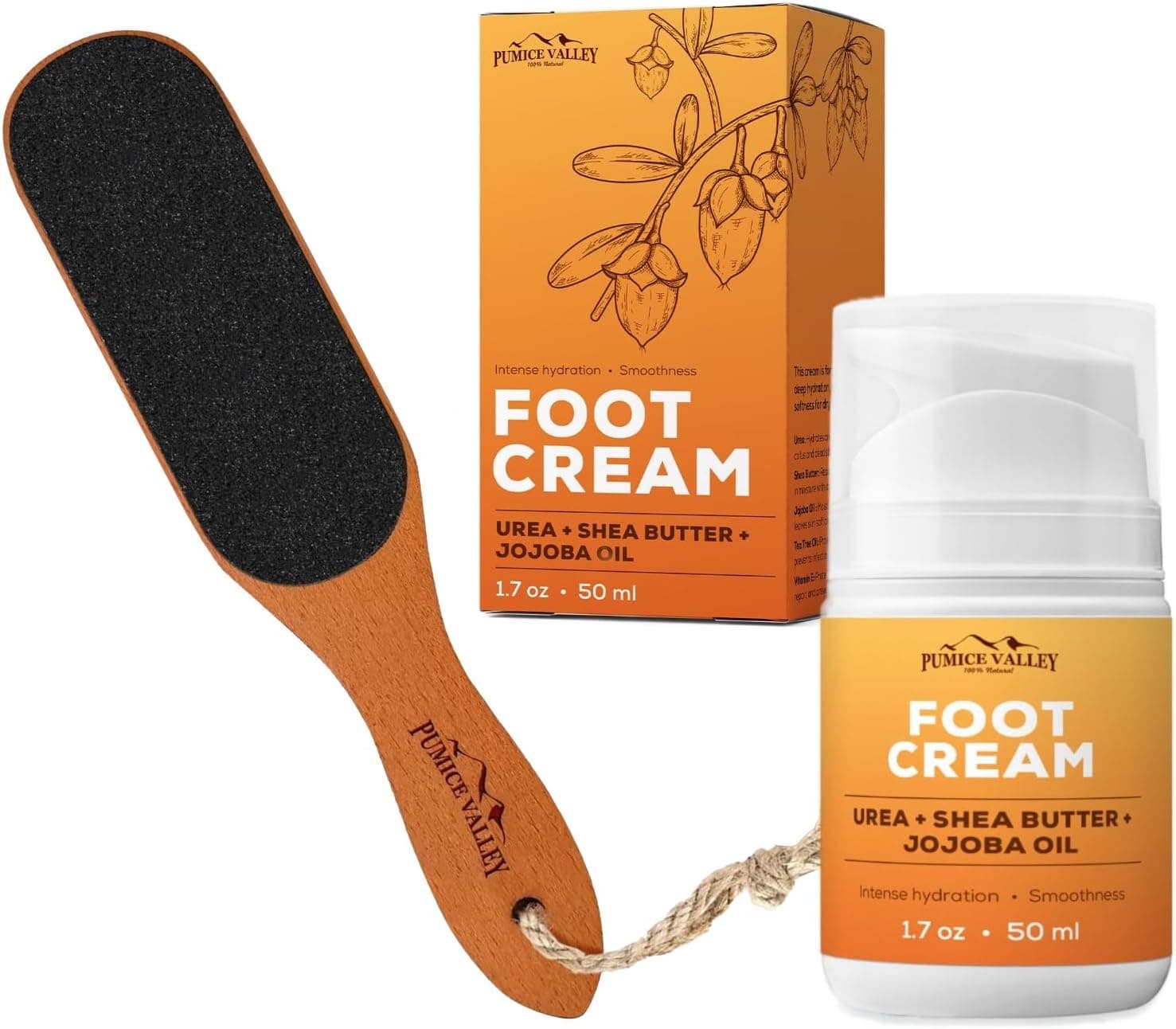 Pumice Valley set with a wooden handle foot file and a tube of Urea foot cream