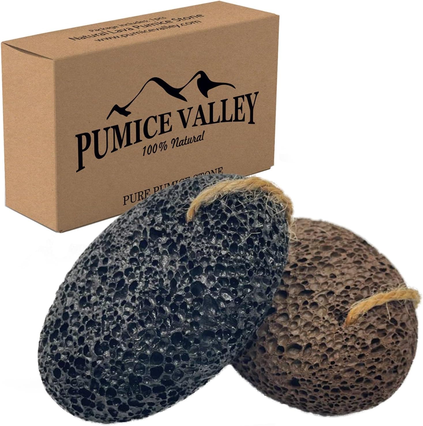 Two natural lava pumice stones (one black, one brown) with hanging ropes for foot exfoliation.
