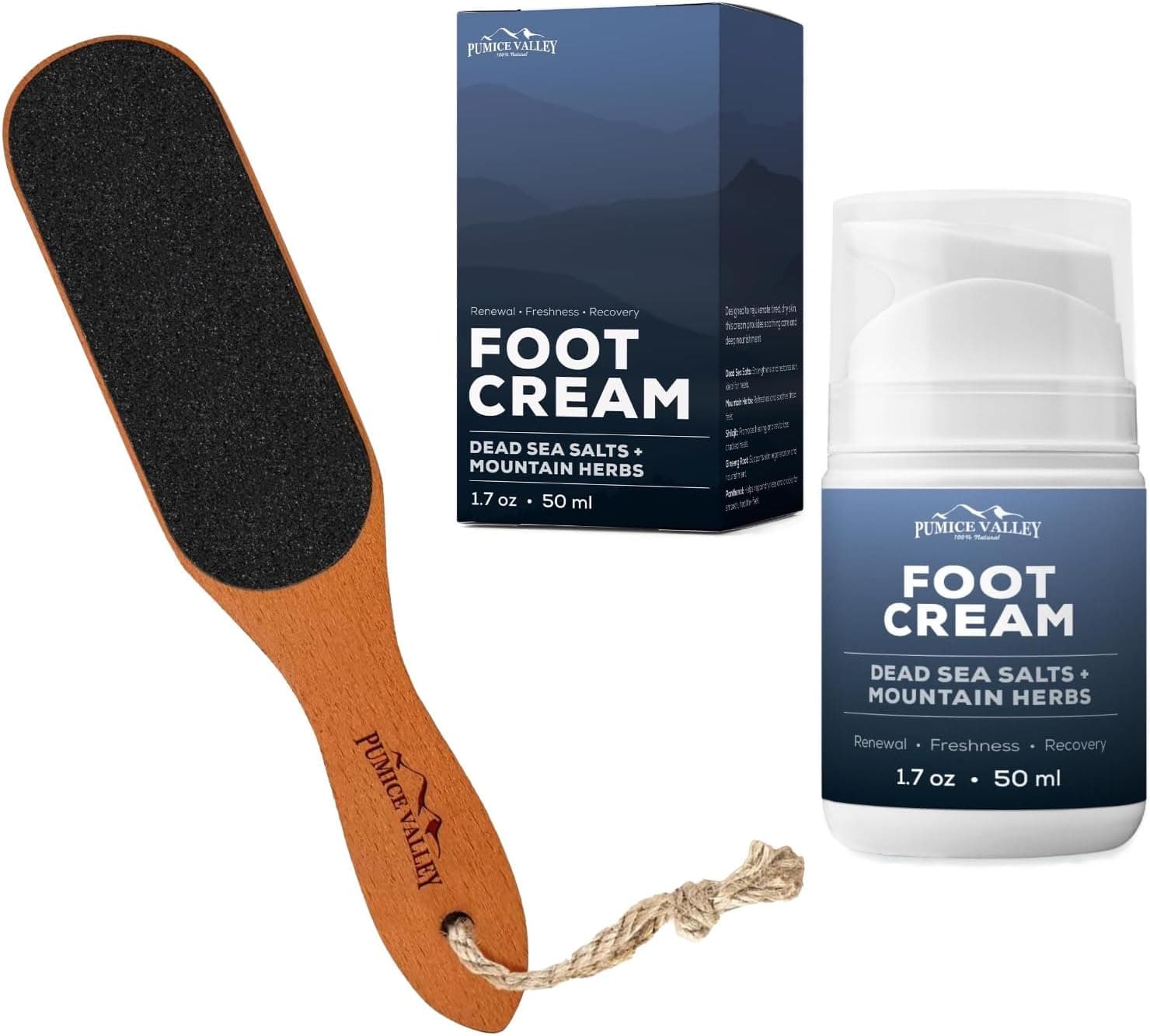 Pumice Valley set featuring a wooden handle foot file and a tube of Shilajit & Dead Sea Salt foot cream.