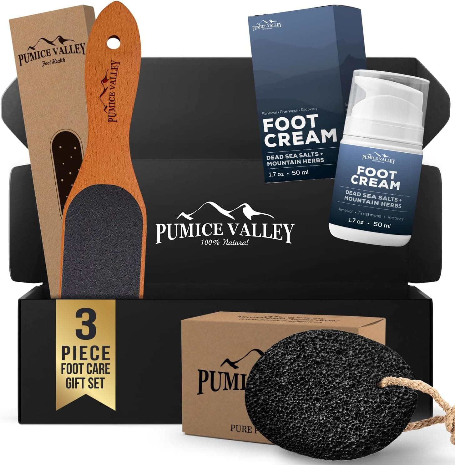 Pumice Valley 3-piece foot care set with pumice stone, foot file, and Shilajit-infused foot cream.
