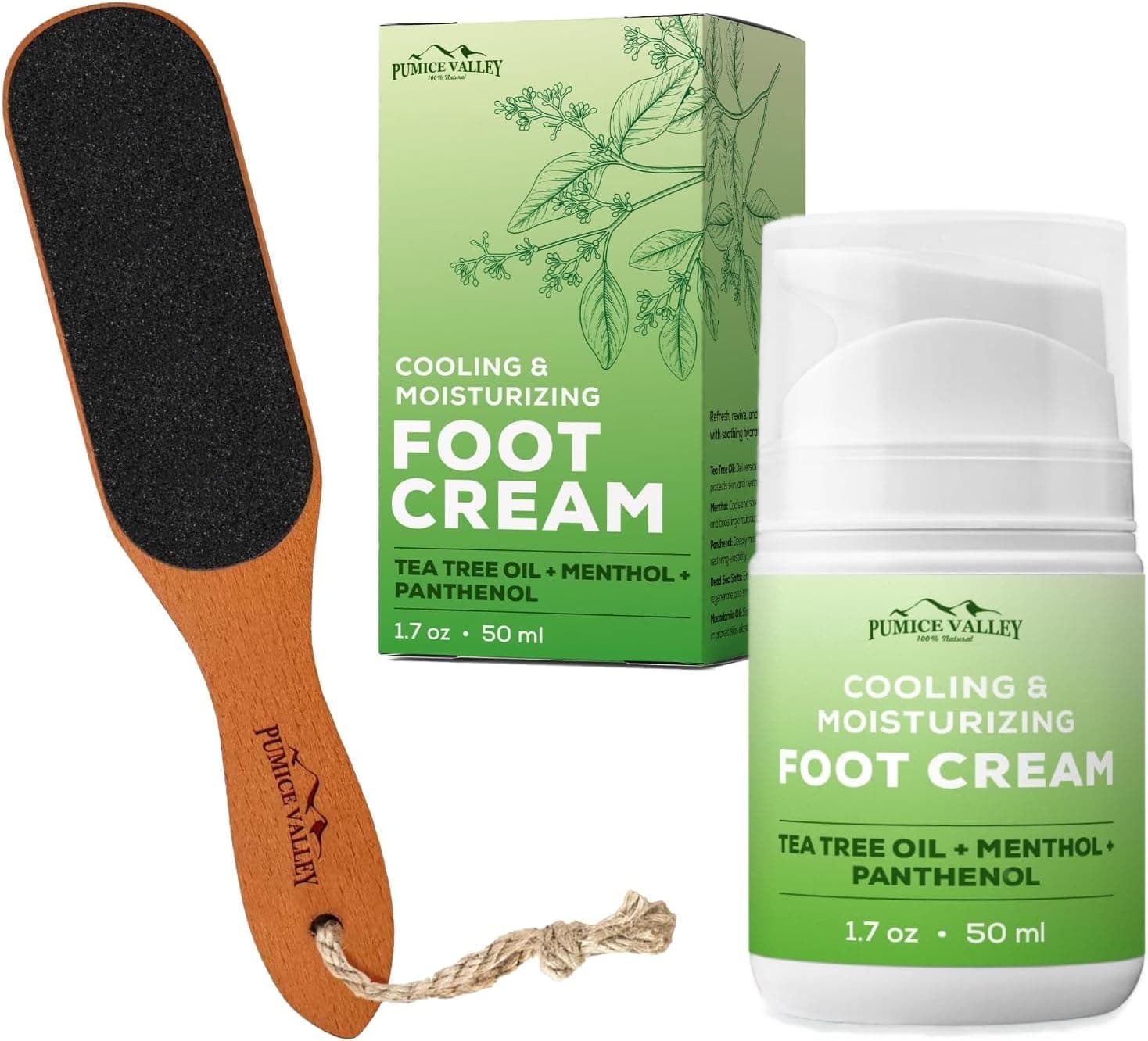 Pumice Valley set featuring a wooden handle foot file and a tube of Panthenol & Tea Tree foot cream.