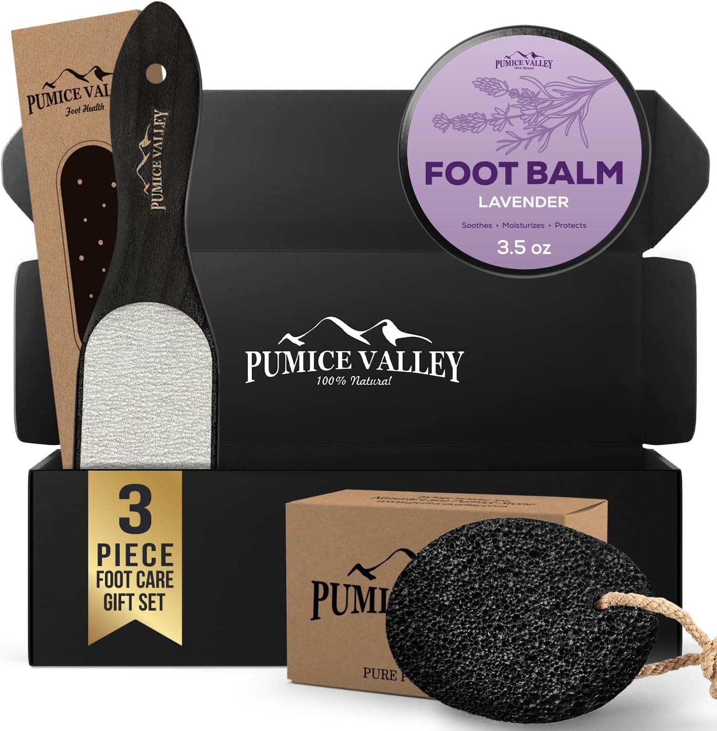 Pumice Valley 3-piece set with natural lava stone, silver-finish professional foot file, and 3.5 Oz Lavender Foot Balm.