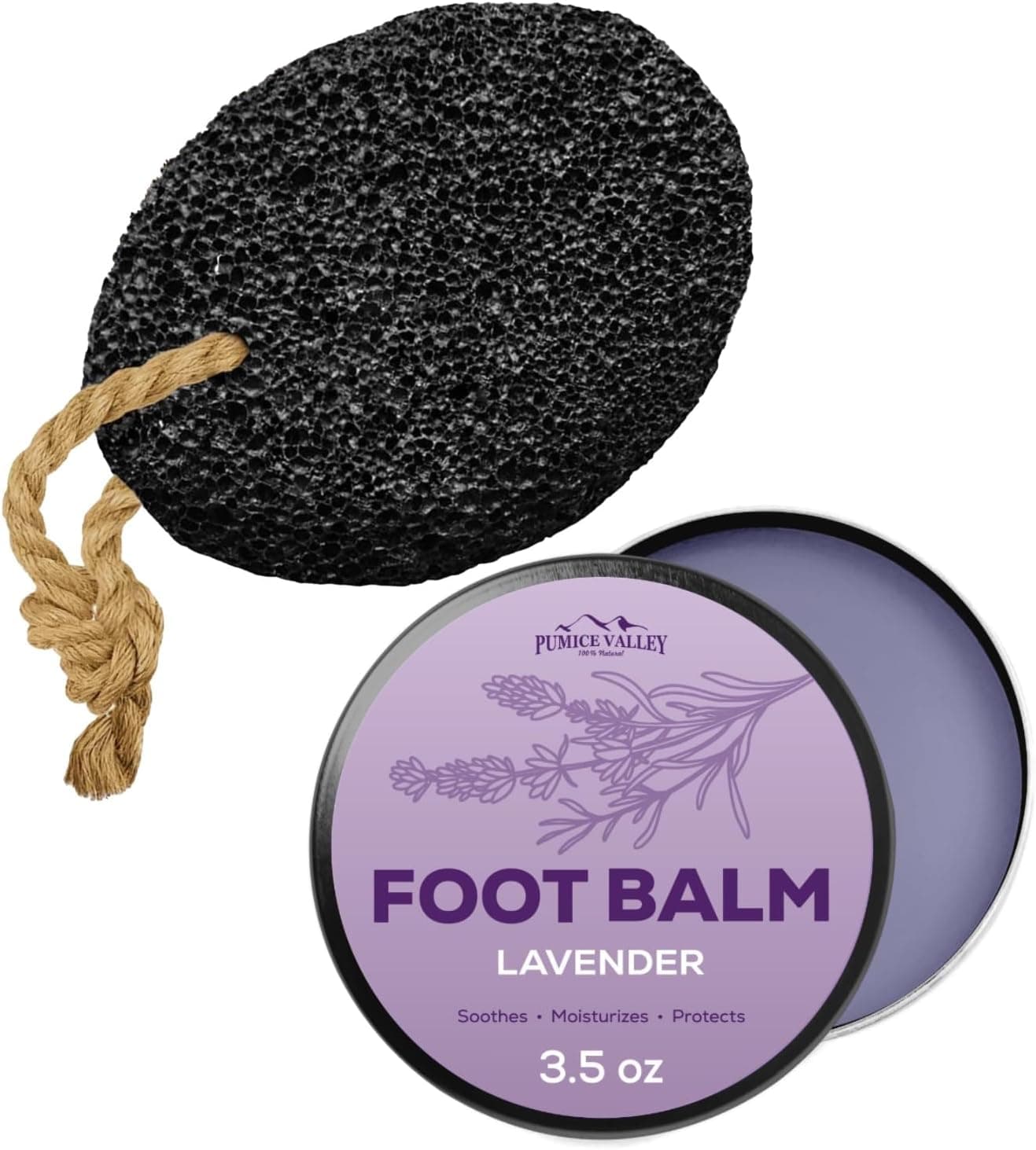 Pumice Valley set featuring a natural black lava stone and a 3.5 Oz jar of Lavender Foot Balm.