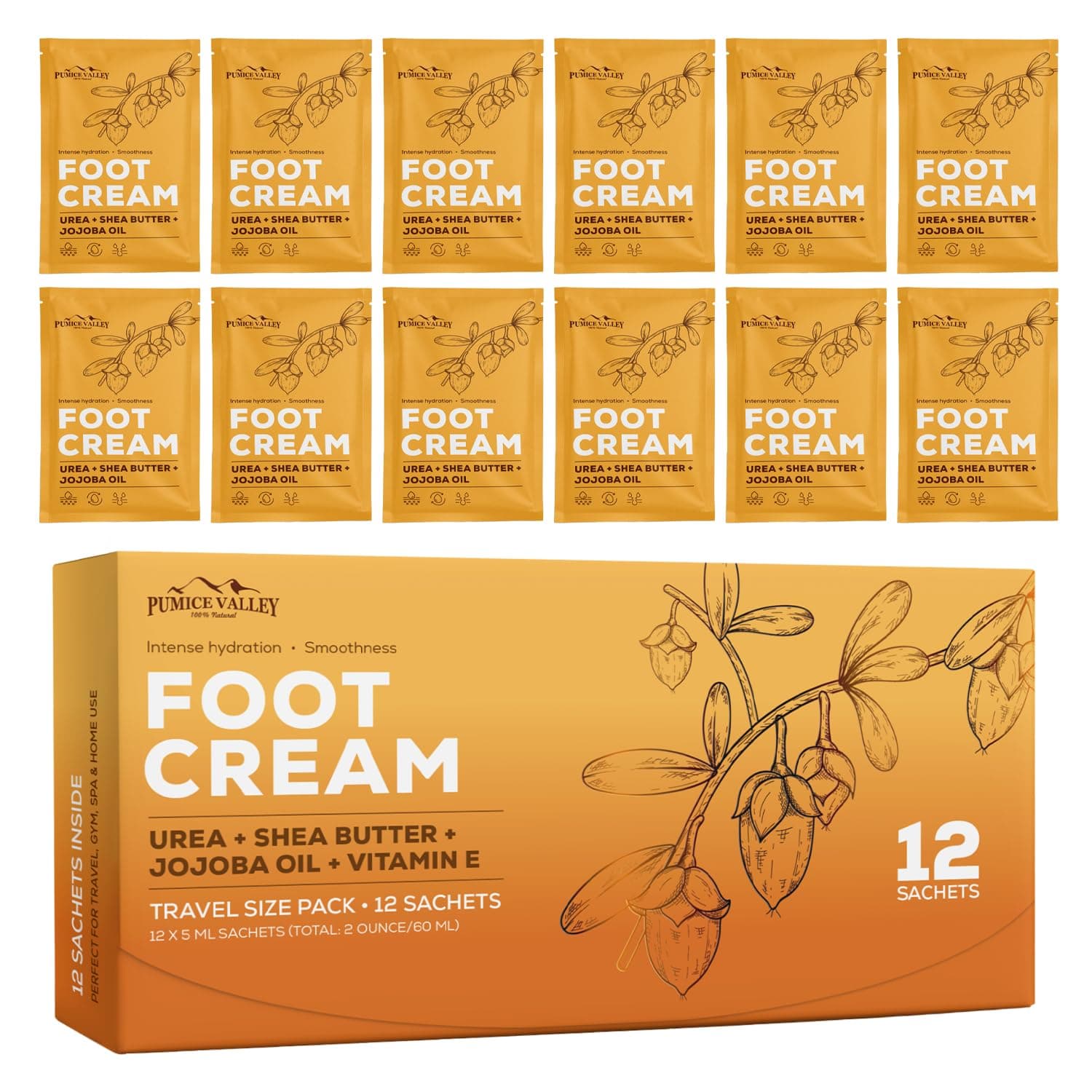 Pumice Valley 12-piece travel pack of foot cream tubes with Urea and Shea Butter.