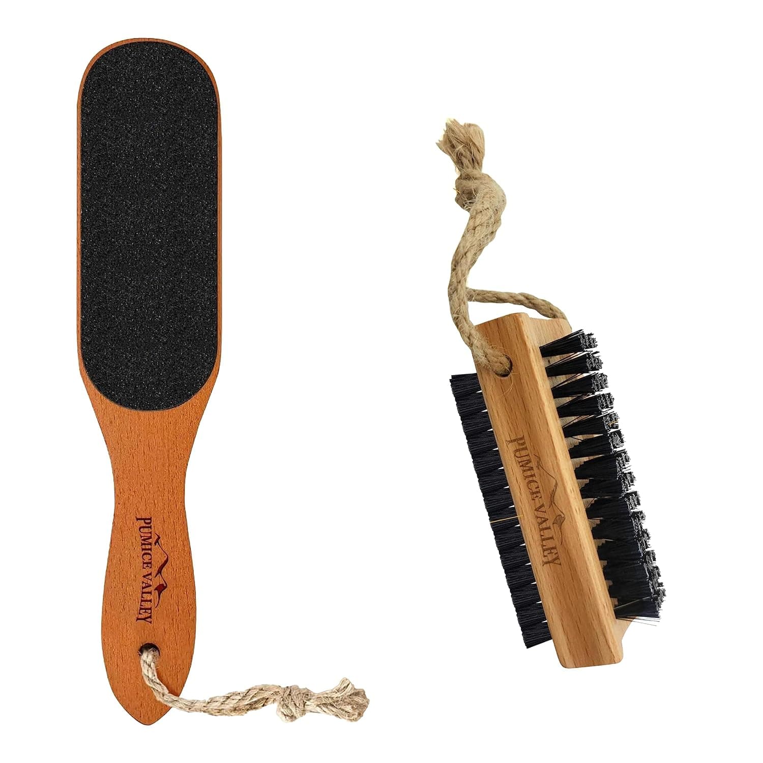Pumice Valley grooming set featuring a double-sided wooden nail brush and a natural volcanic pumice stone with hanging ropes.