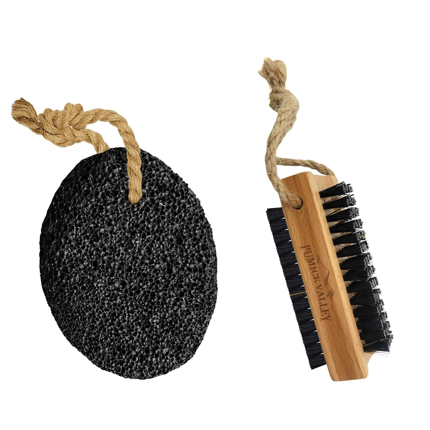 Pumice Valley set featuring a double-sided wooden nail brush and a black volcanic lava stone.