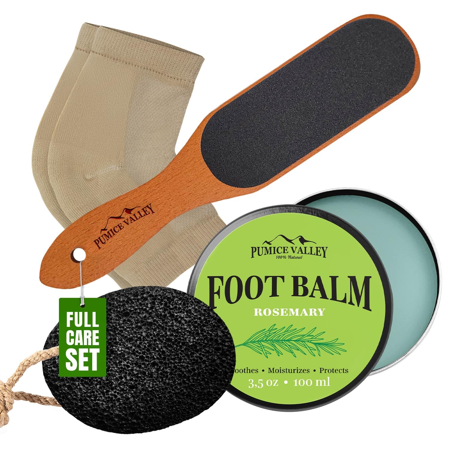 Pumice Valley 4-piece set including pumice stone, foot file, rosemary balm, and gel heel socks.