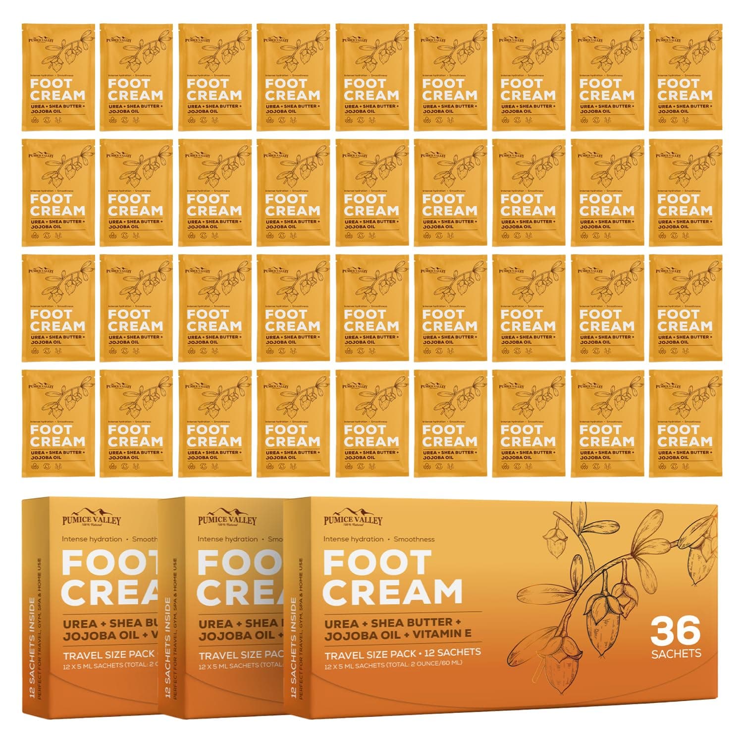 Pumice Valley 36-piece travel pack of foot cream tubes with Urea and Shea Butter.