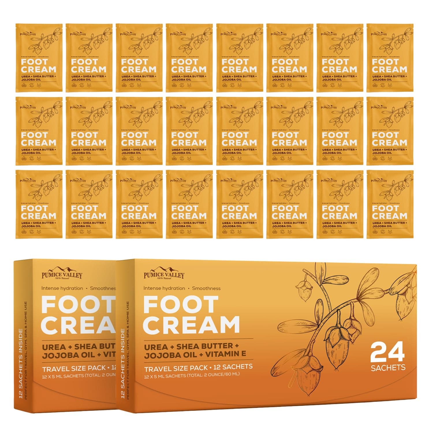 Pumice Valley 24-piece travel pack of foot cream tubes with Urea and Shea Butter.