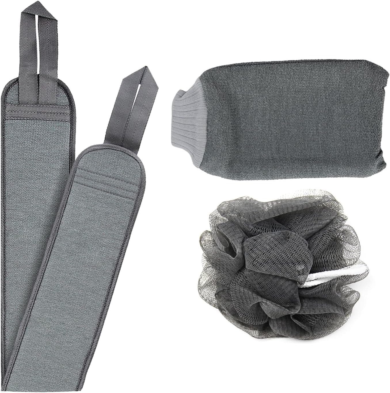 Pumice Valley 3-piece natural cotton bath set including a long back scrubber and two exfoliating mittens.