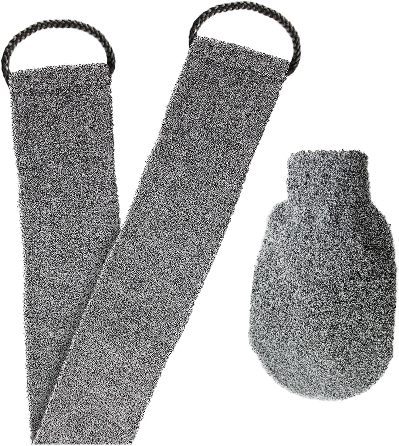 Pumice Valley 2-piece soft cotton bath set featuring a long back scrubber and an exfoliating mitten.
