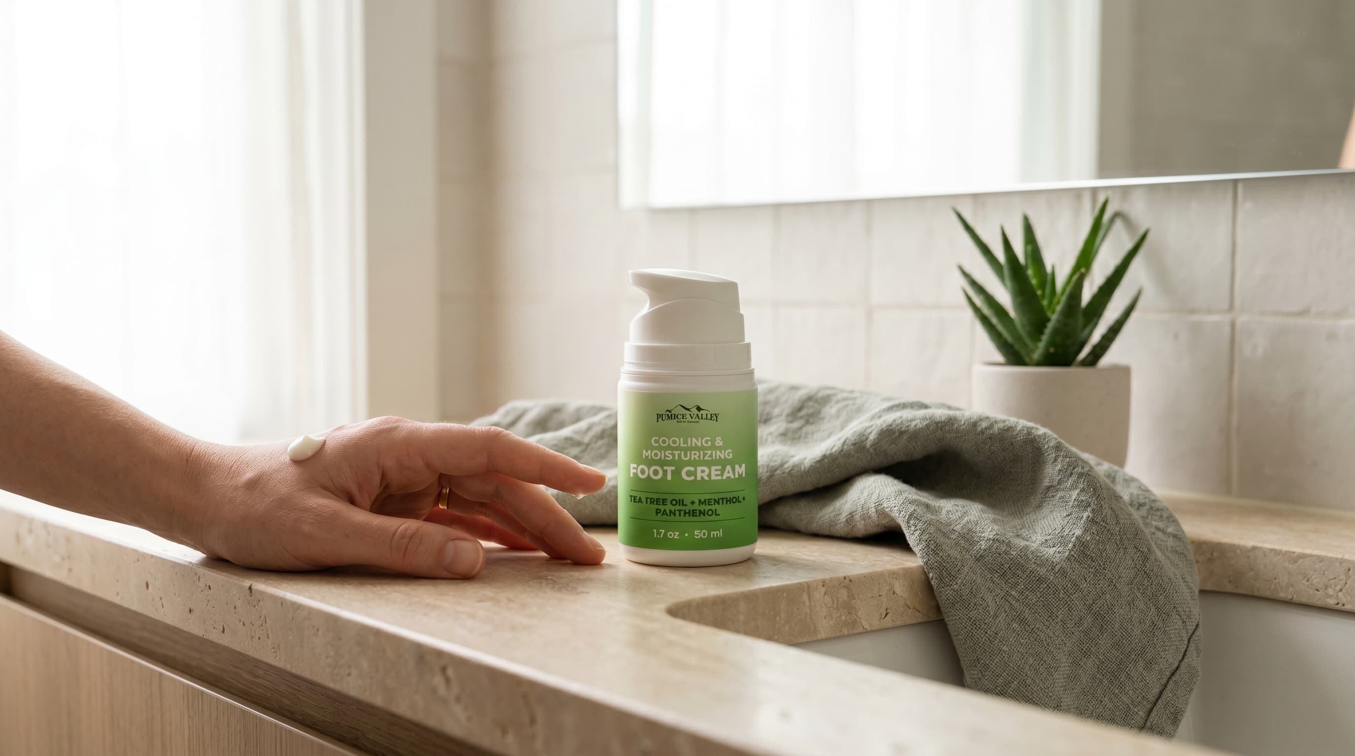A simple daily foot-care setup with foot cream and a towel in soft light.