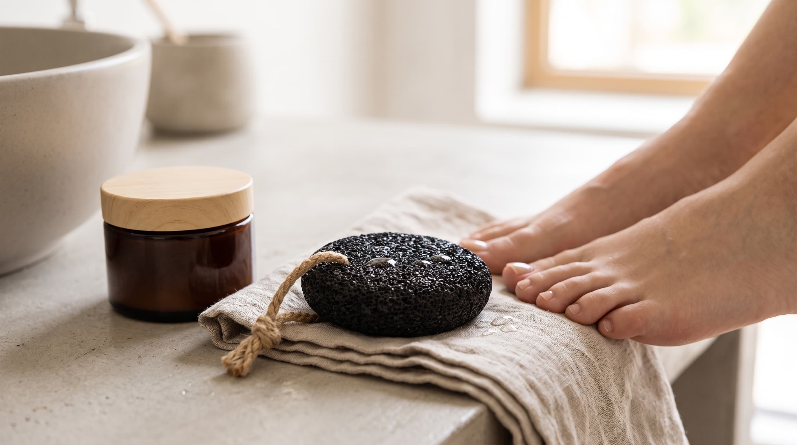 A damp pumice stone beside freshly washed feet, a towel, and foot cream.