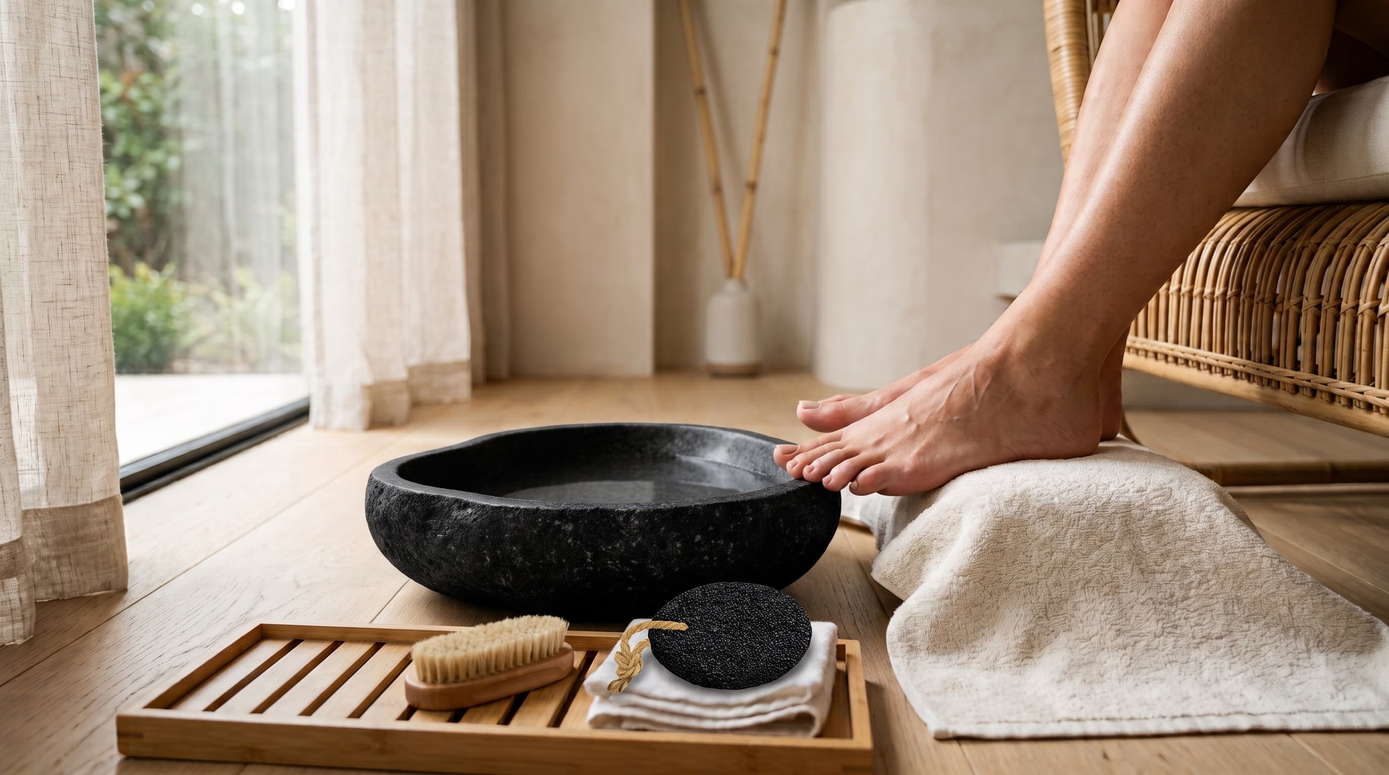 A pumice stone set aside beside foot cream and a towel.