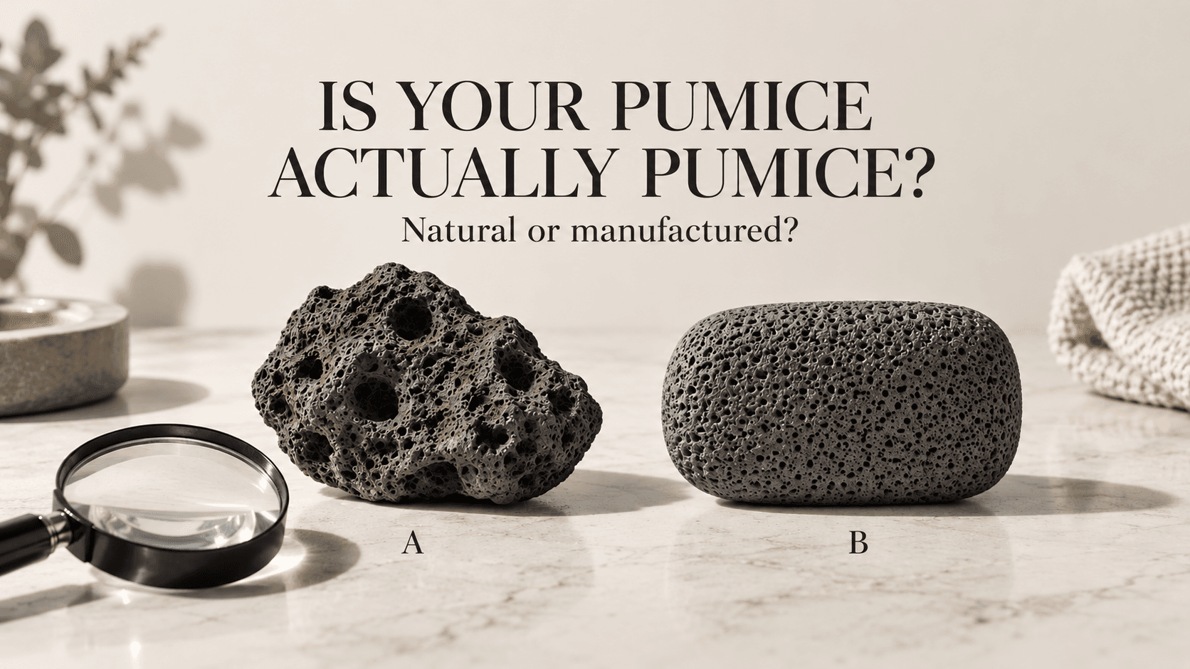 Varied porous volcanic pumice stones shown with a magnifying loupe.