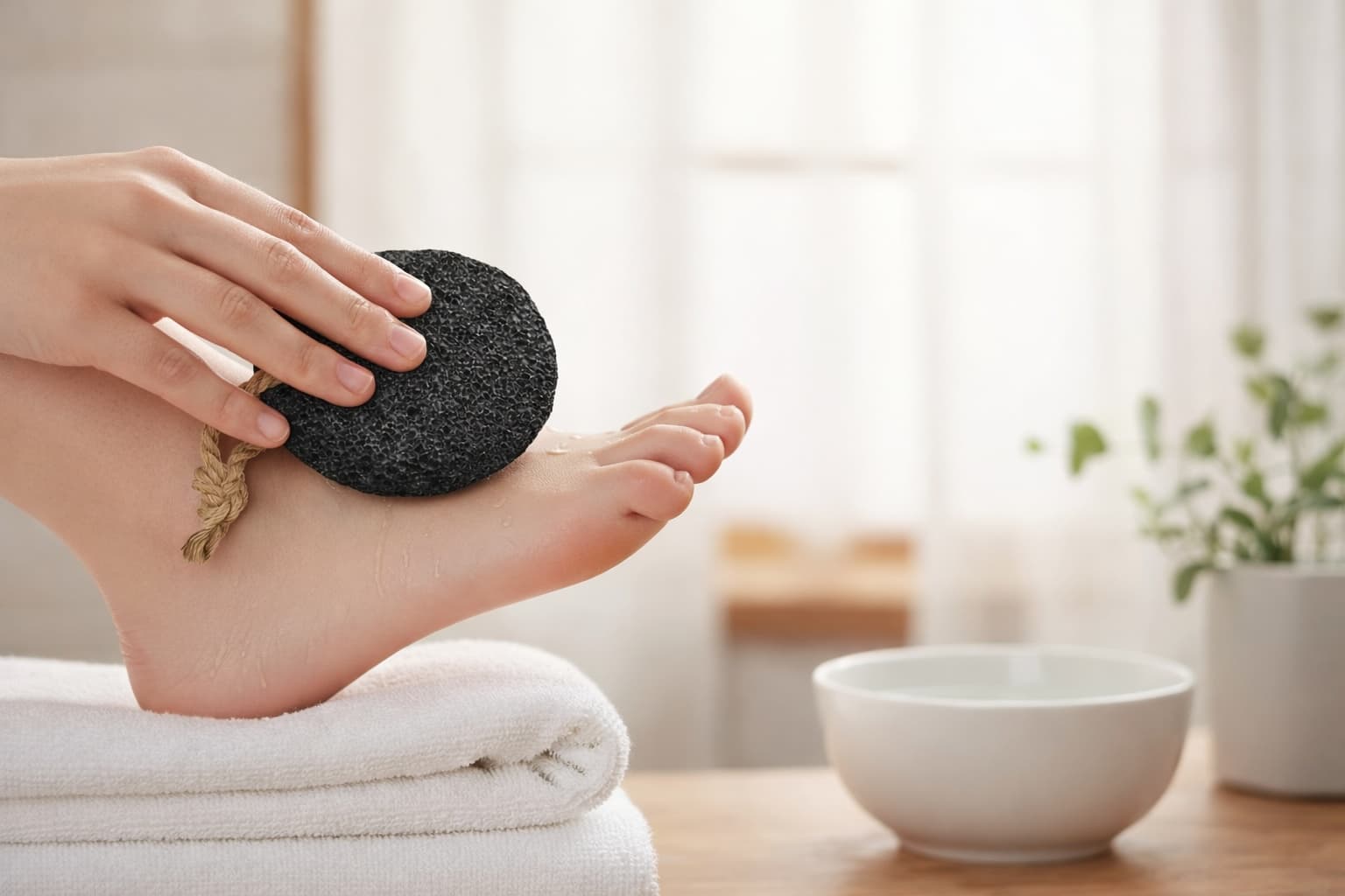 A high-quality natural pumice stone being used on a smooth heel, surrounded by spa-like elements like water droplets and soft towels.