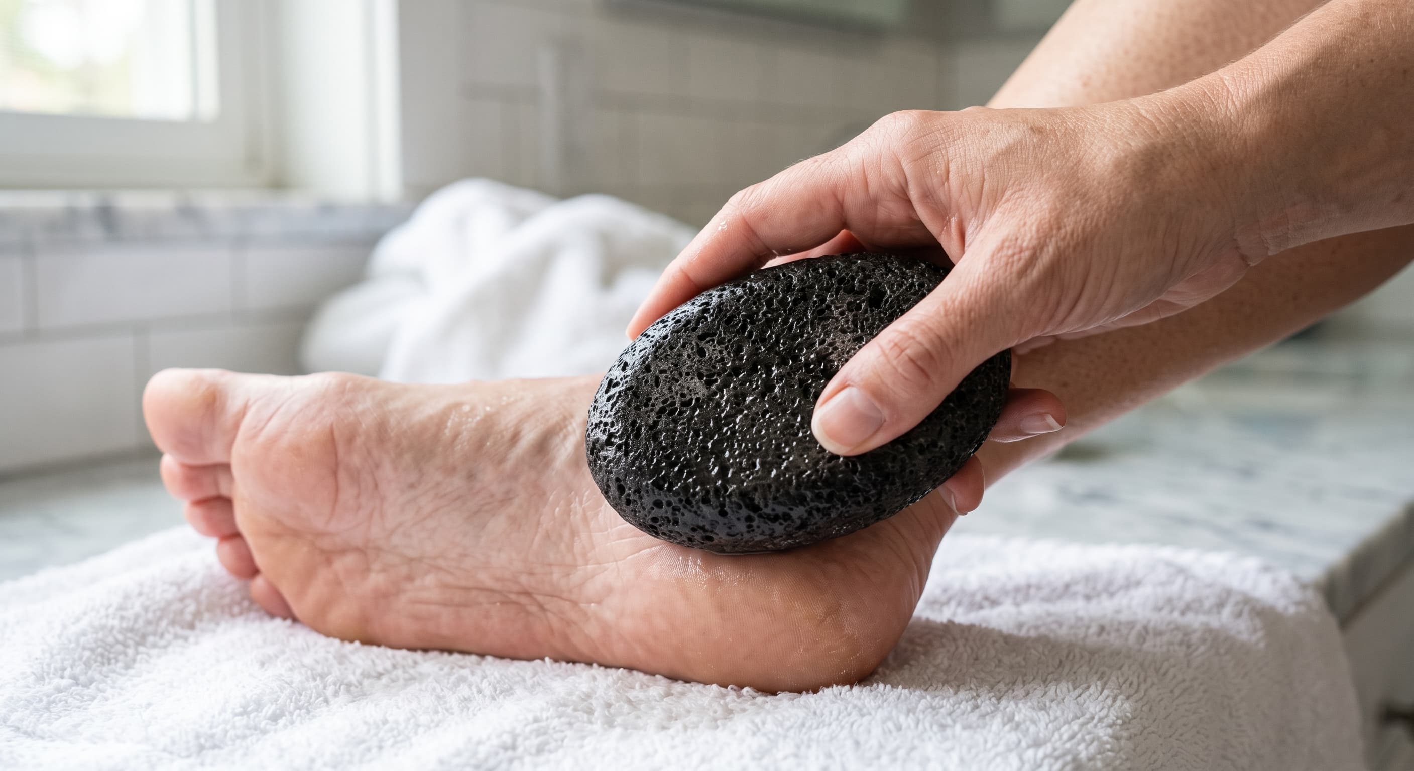 Large natural pumice stone beside a towel and foot-care supplies, showing a broad heel exfoliation setup in a calm neutral bathroom.