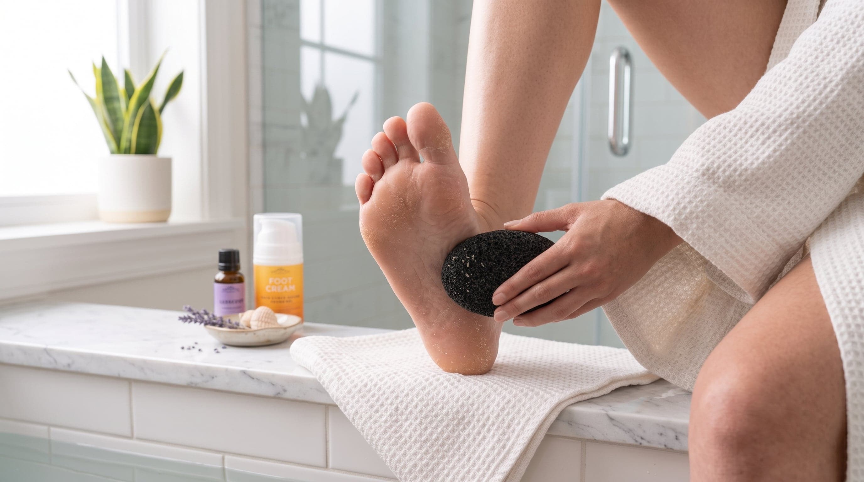 A pumice stone, foot cream, and towel arranged after a foot-care routine.