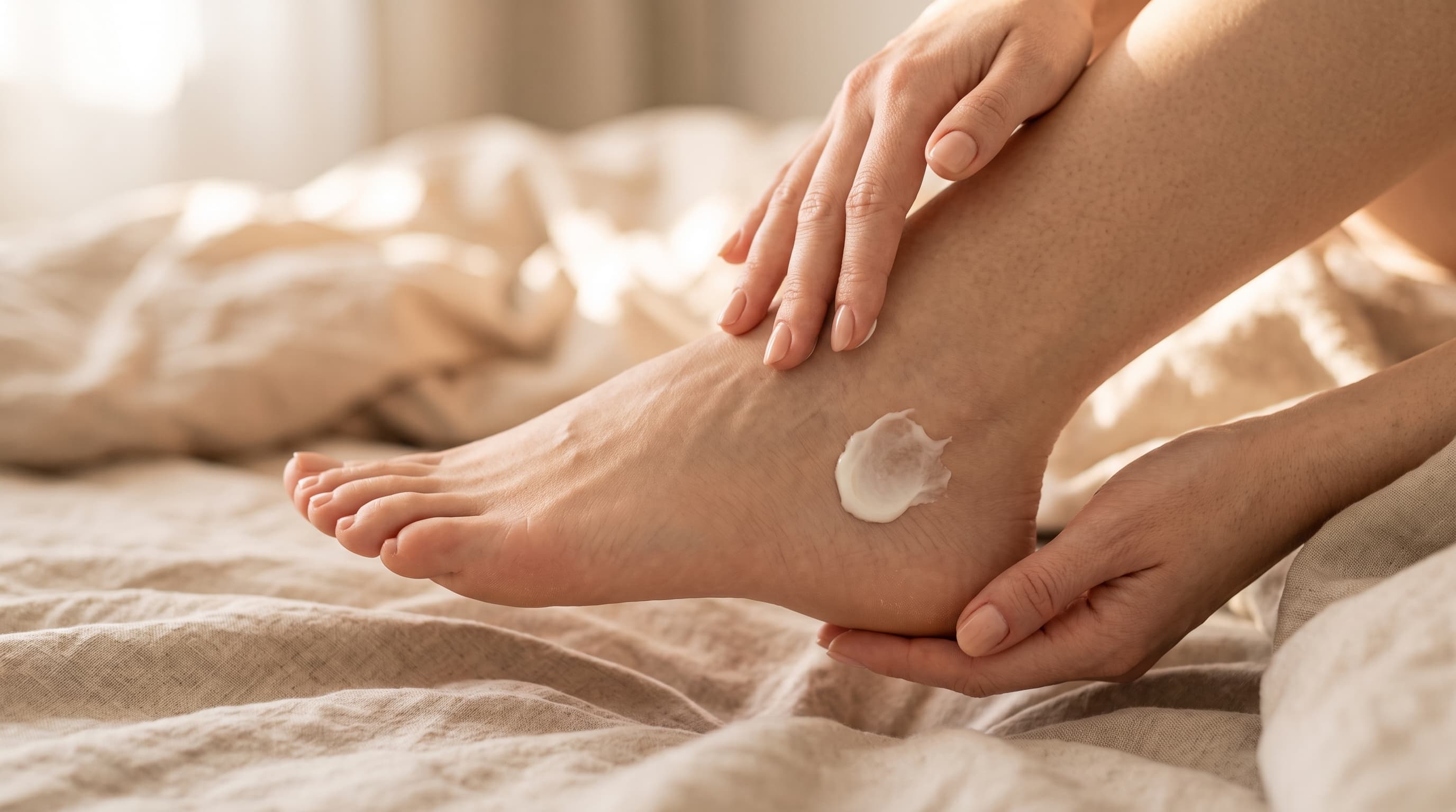 Bare feet resting comfortably with attention to pressure-prone areas.