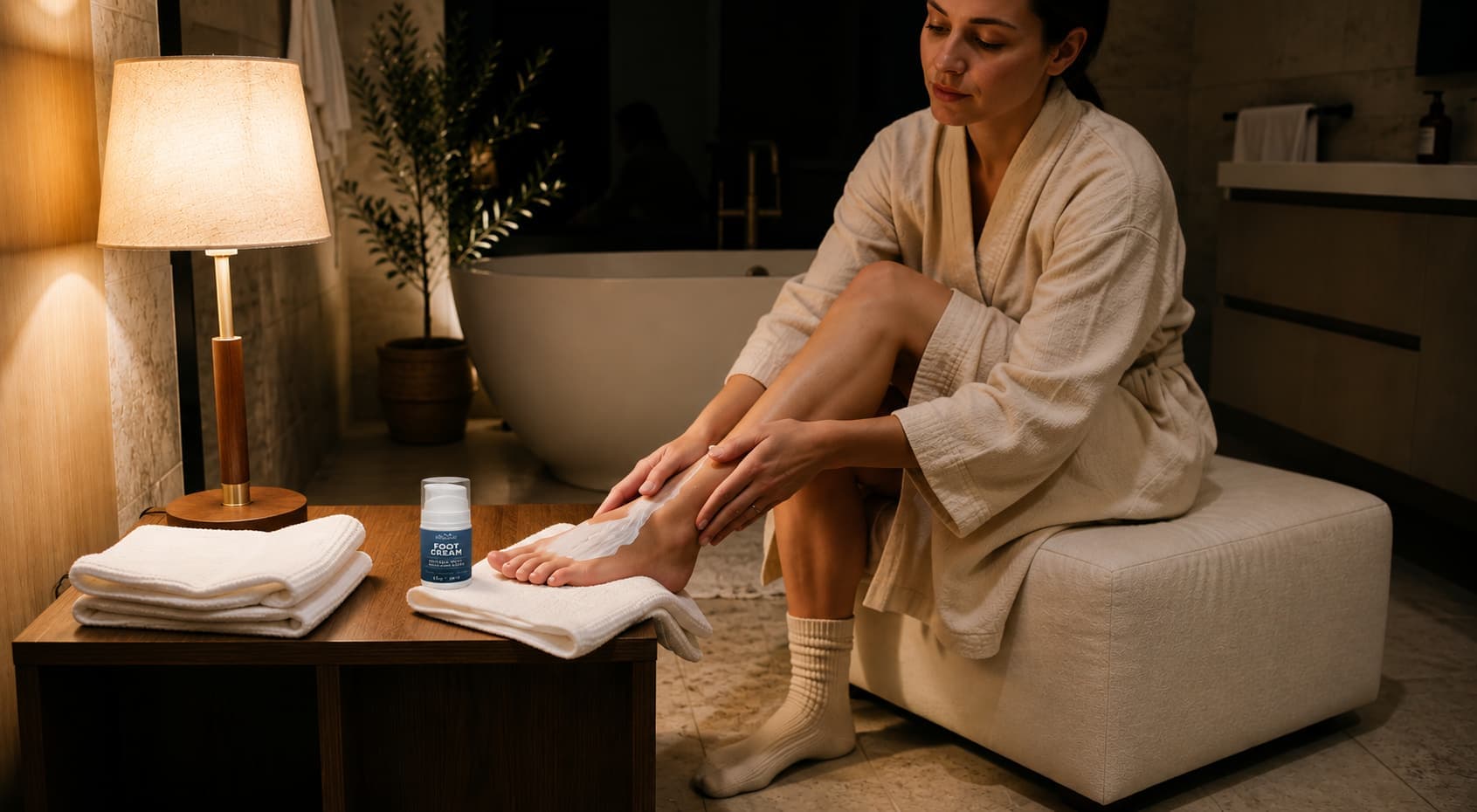 A nighttime foot-care setup with cream, socks, and a towel prepared for heel care.