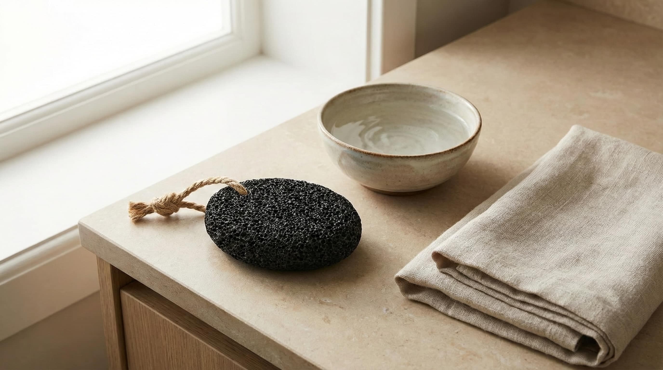 pumice stone resting near hot bath