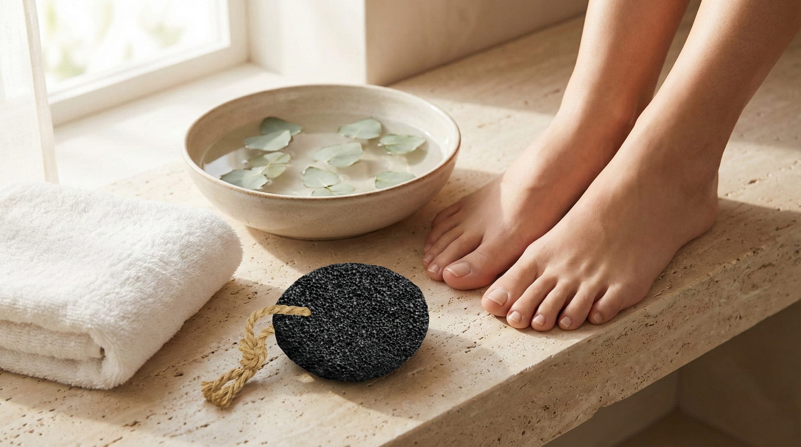 Natural pumice stone and foot care setup with towel and warm water for exfoliating dry skin and calluses.