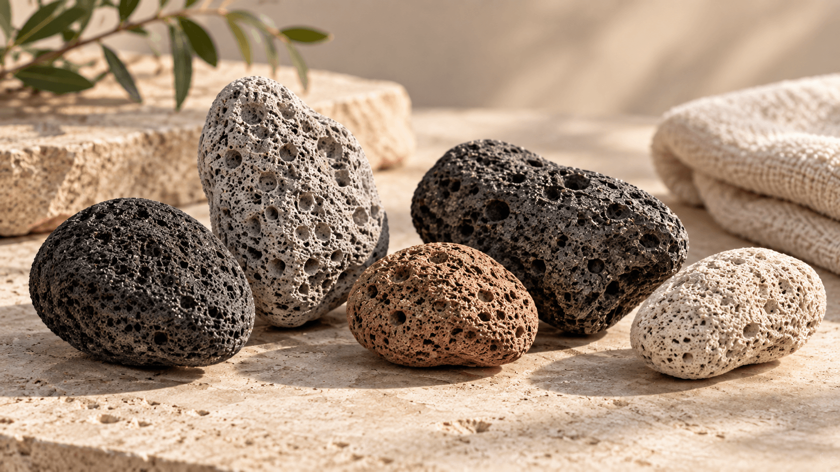A curated group of naturally varied volcanic pumice stones showing differences in pores, shape, color, and texture on a neutral background.