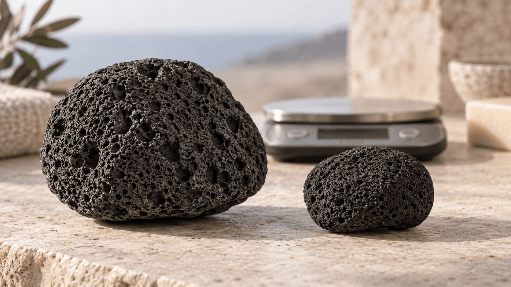 Natural pumice stones beside a scale and ruler for a density comparison.