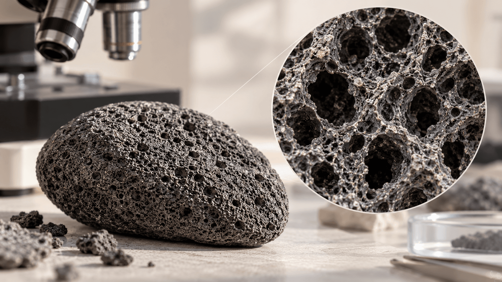 A natural volcanic pumice stone beside a microscope showing its irregular pores.