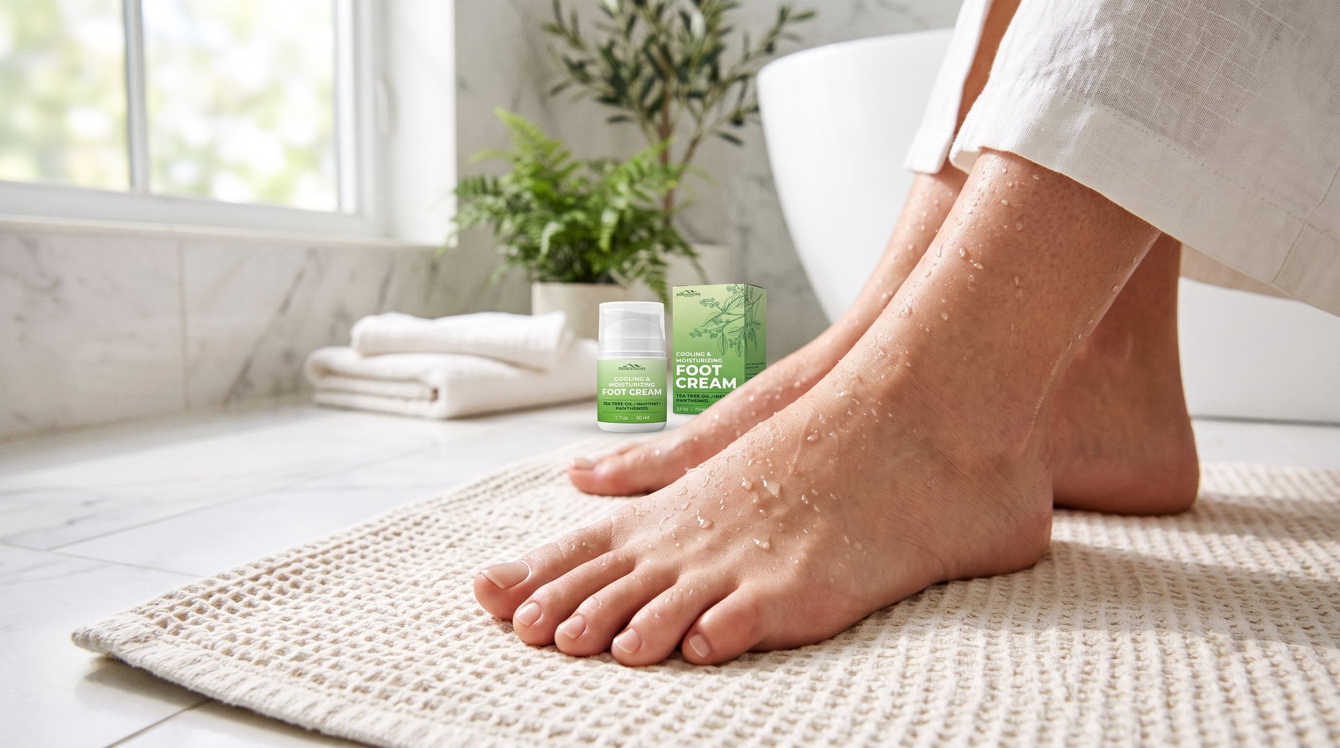 Clean bare feet with neat toenails in bright summer bathroom light.