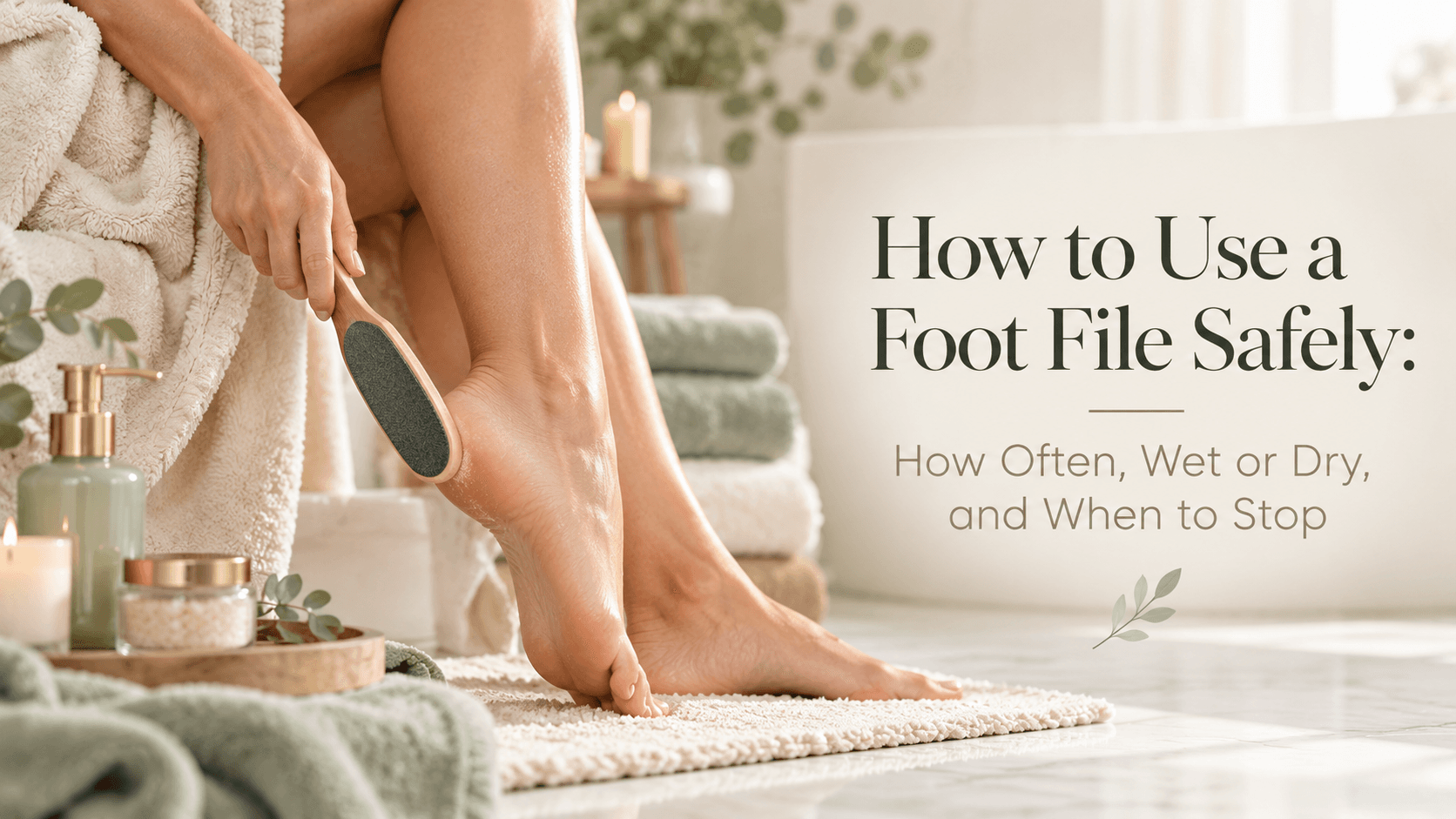 Person gently using a wooden-handled foot file on intact dry heel skin beside a towel and foot cream