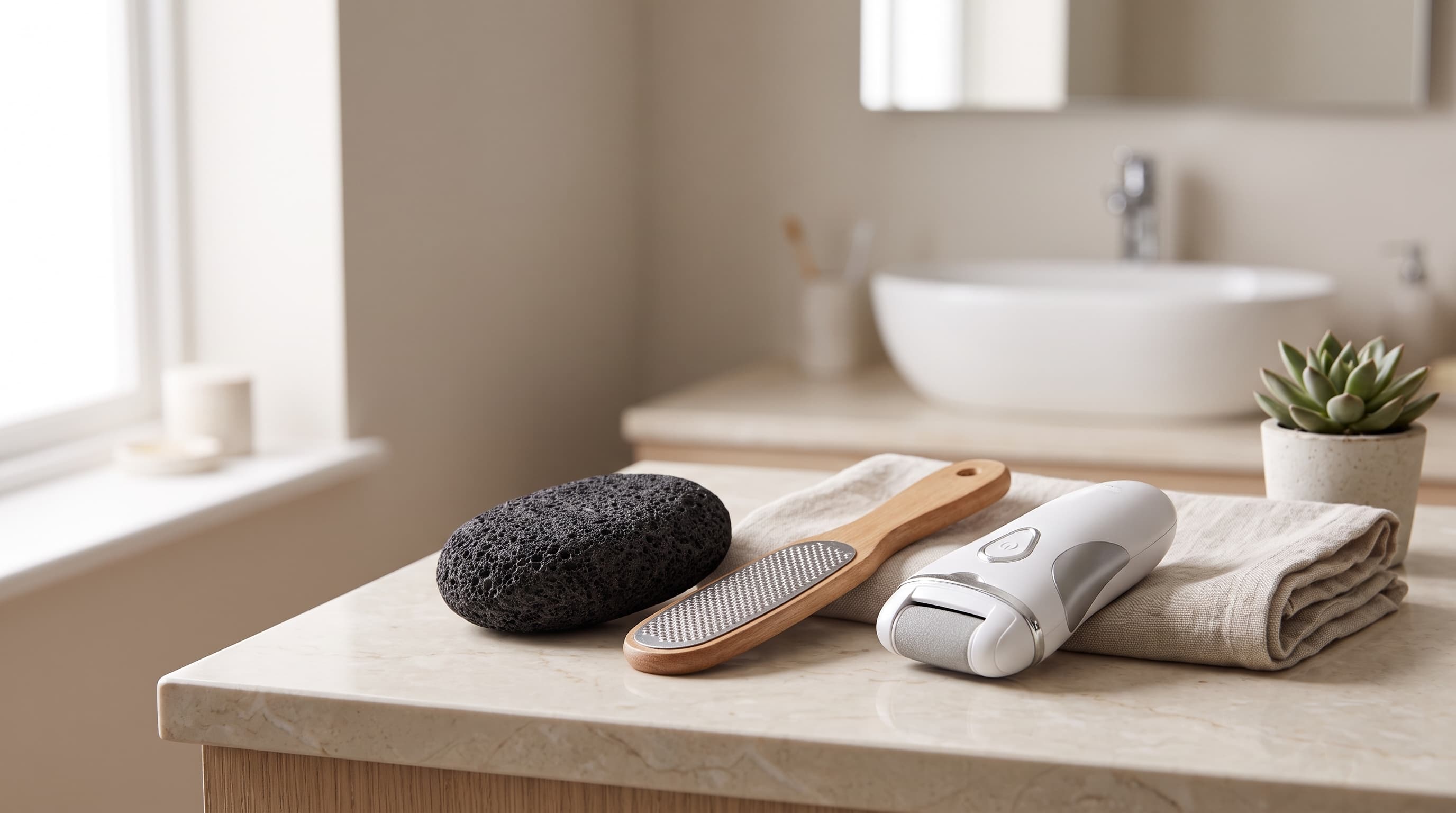 Natural pumice stone beside a foot file and compact electric callus remover on a clean neutral bathroom surface, illustrating tool choices for thick calluses.