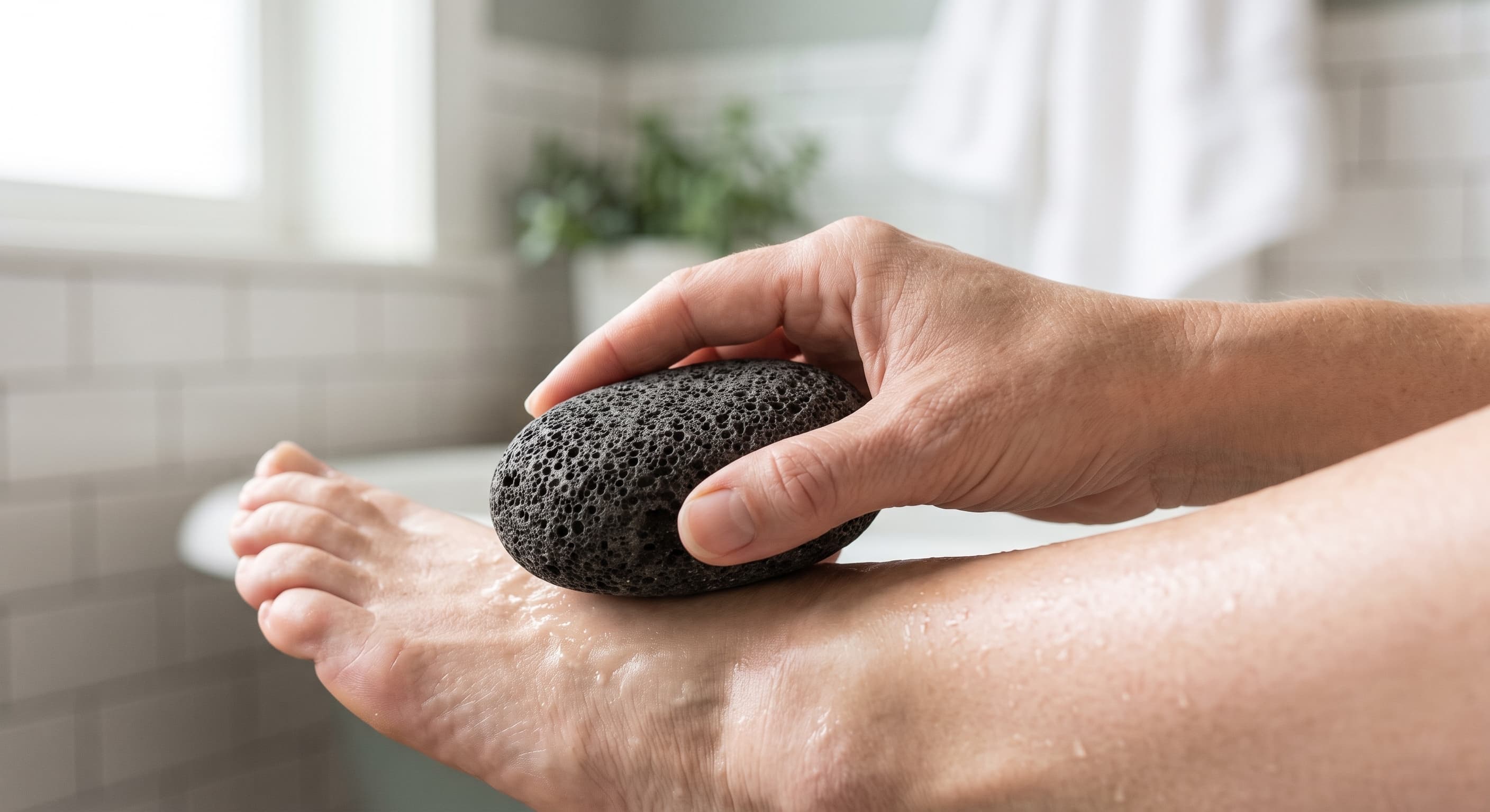 Fine-textured natural pumice stone beside a damp towel and simple foot-care supplies in a calm neutral bathroom, suggesting gentle care for sensitive feet.