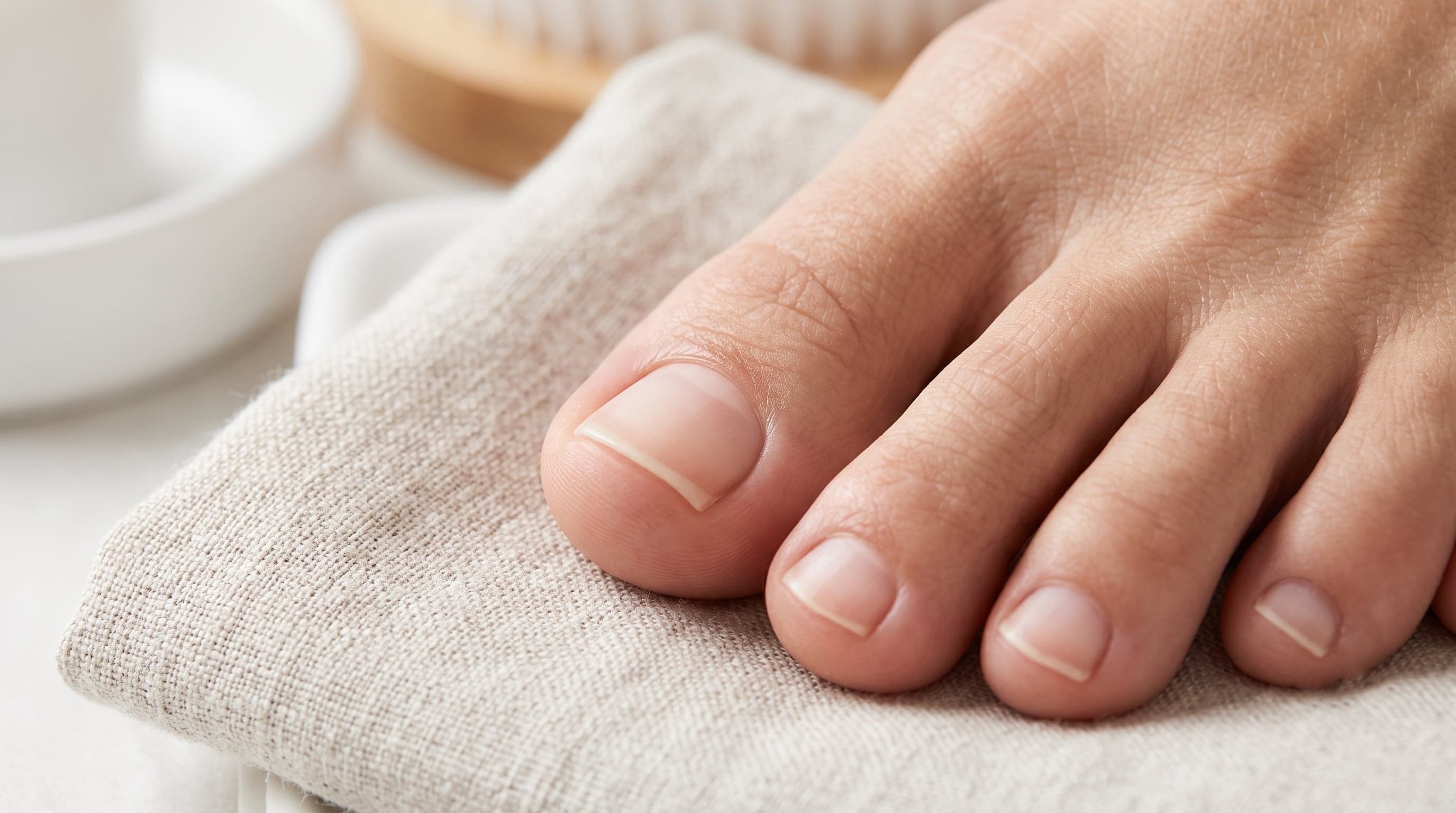 Freshly showered bare feet with neat toenails in a bright bathroom.
