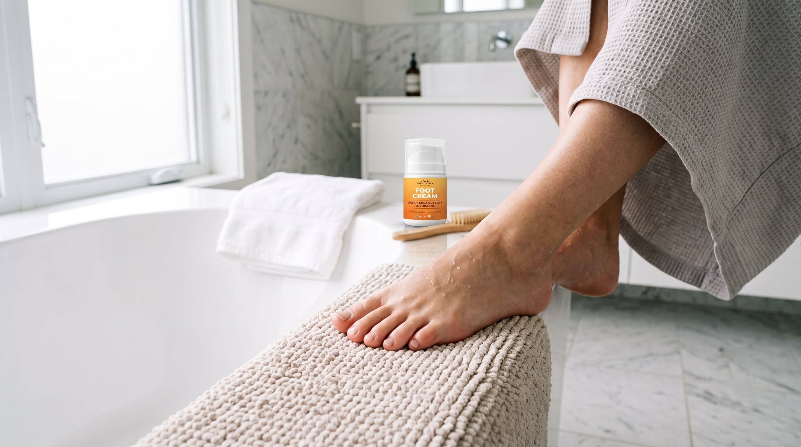 Clean bare feet with neatly groomed toenails beside a wooden nail brush.