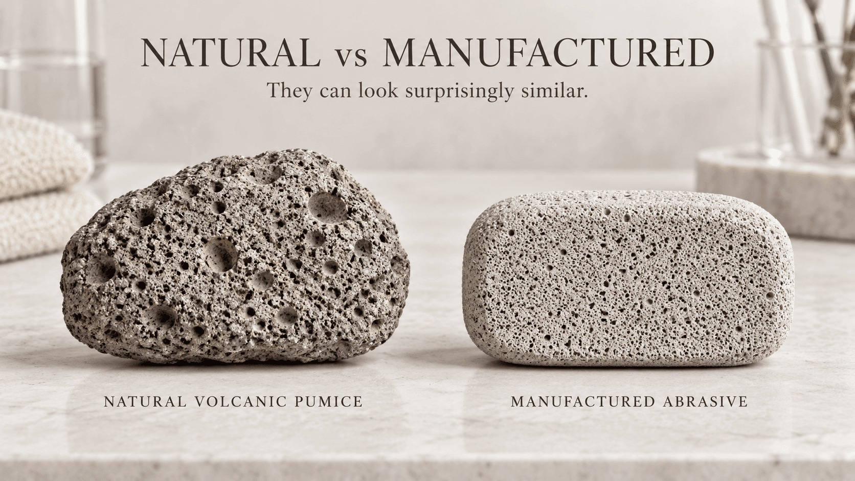 Natural volcanic pumice stone beside a manufactured porous abrasive block on a neutral surface, showing contrasting textures without labels.