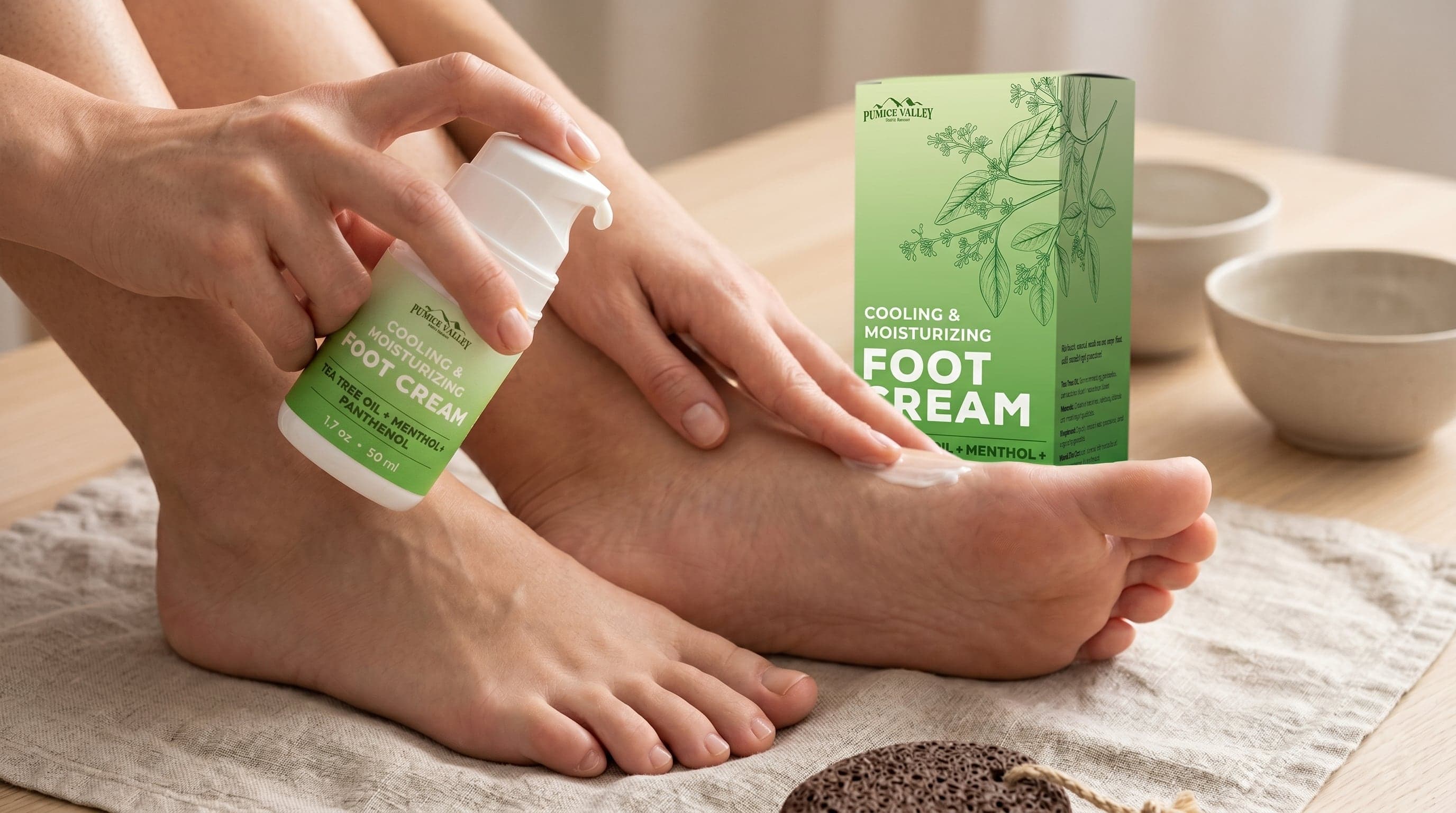 A close-up of heels during an evening moisturizing routine with a rich ointment.