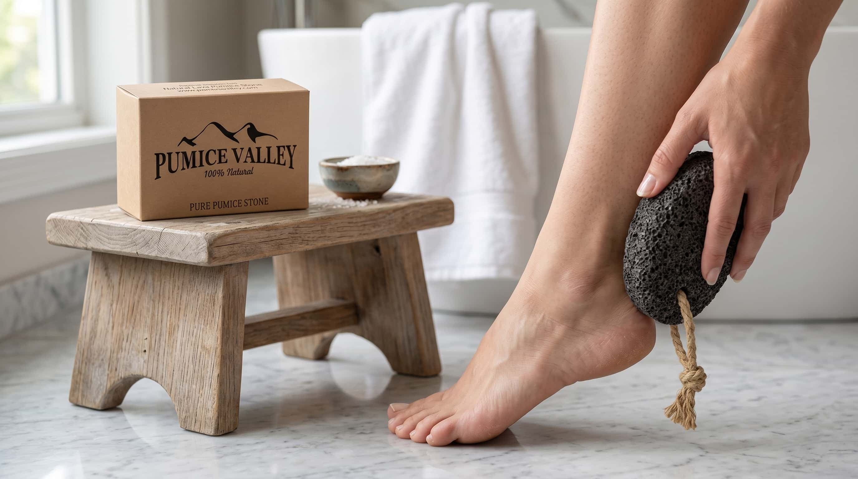 A pumice stone beside freshly washed feet and a folded towel in a bright bathroom.