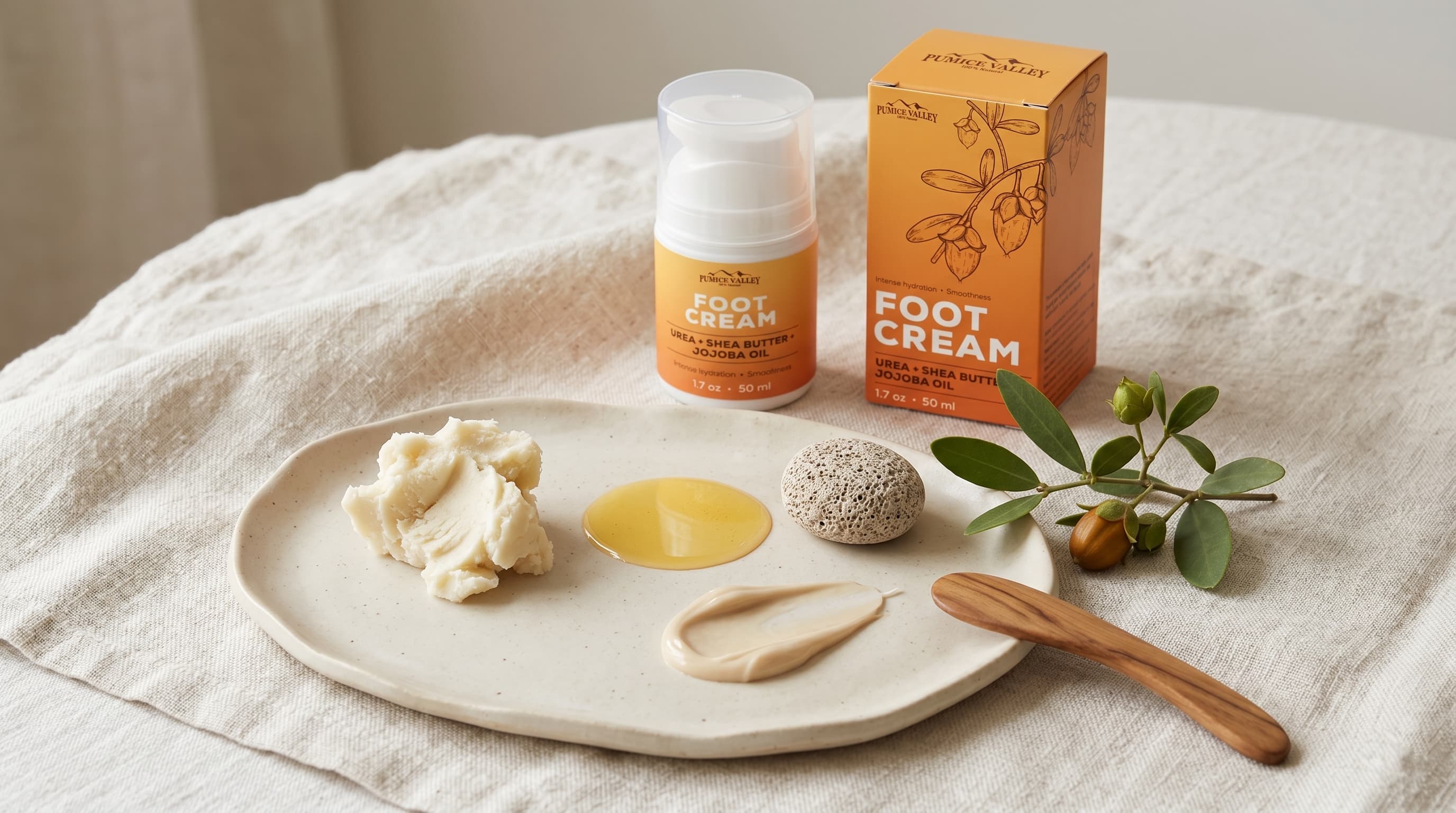 A styled arrangement of foot-care ingredients and textures beside a pumice stone.