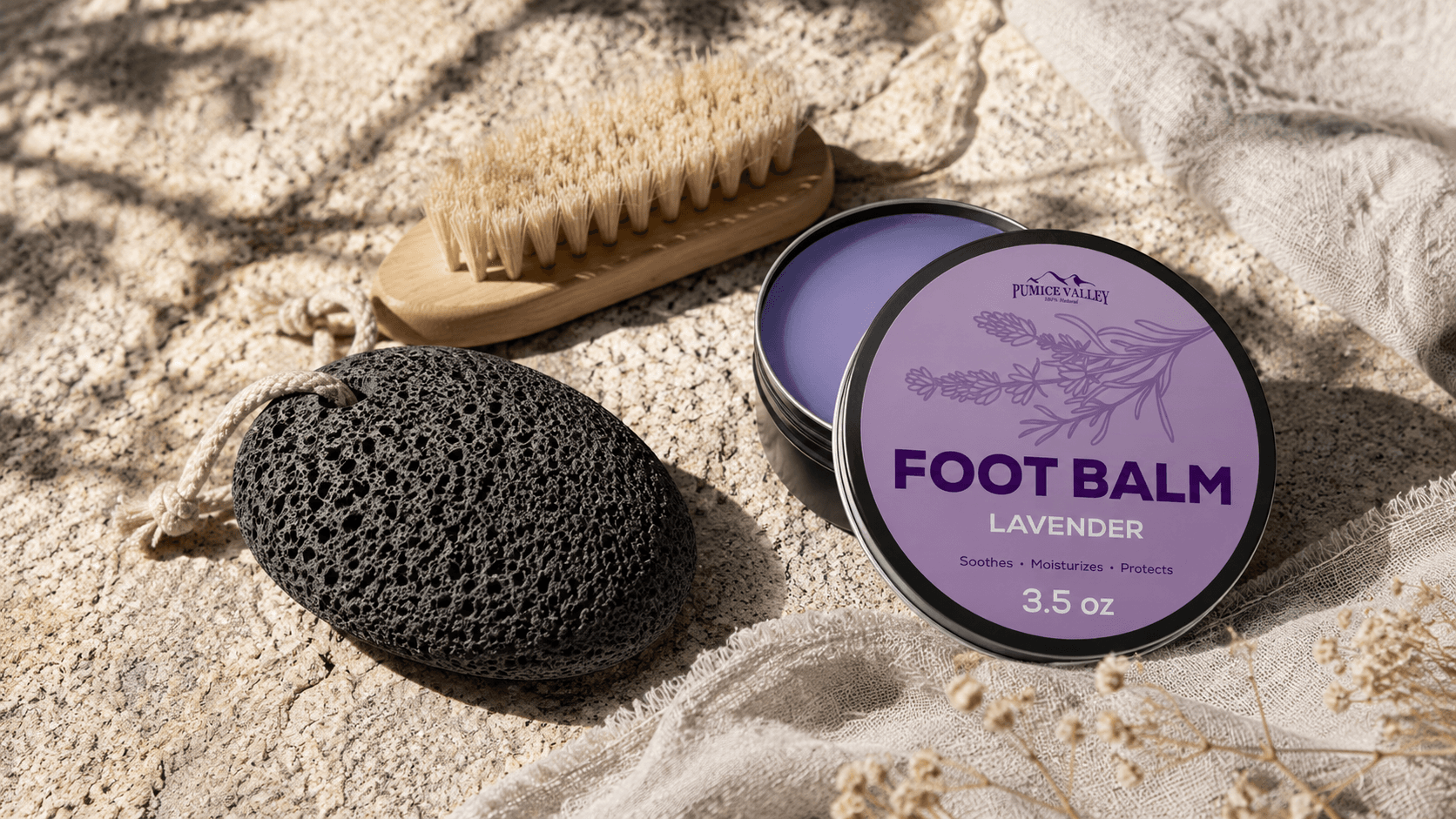 A foot peel mask and moisturizer arranged for a gentle foot-care routine.