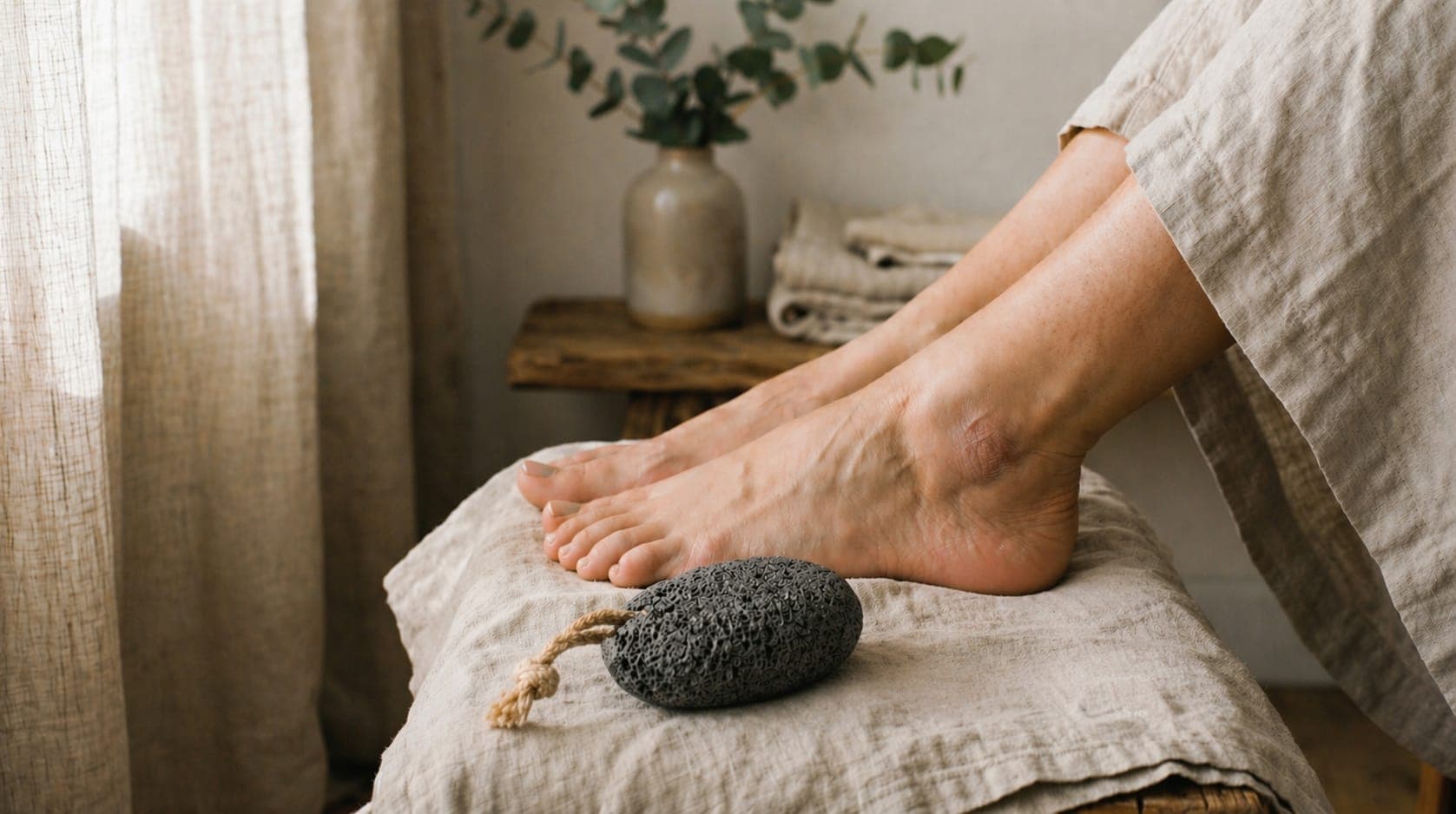 Close-up of dry heels with a natural pumice stone and foot balm in a calm, spa-like setting