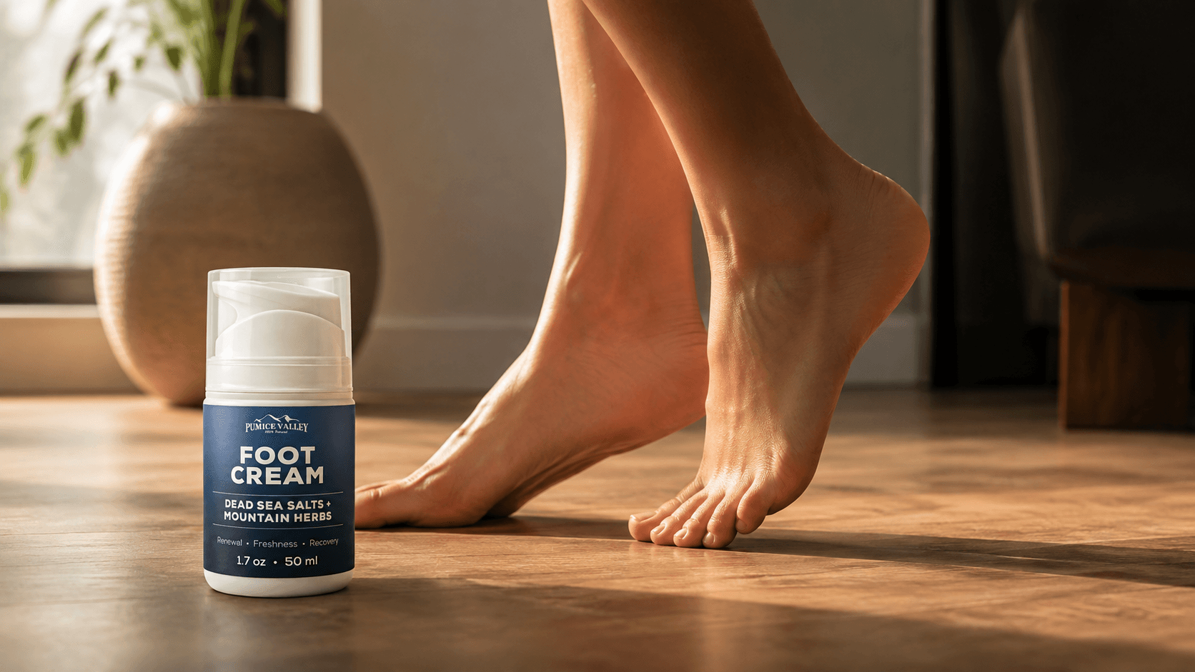 Bare feet standing naturally on a light floor.