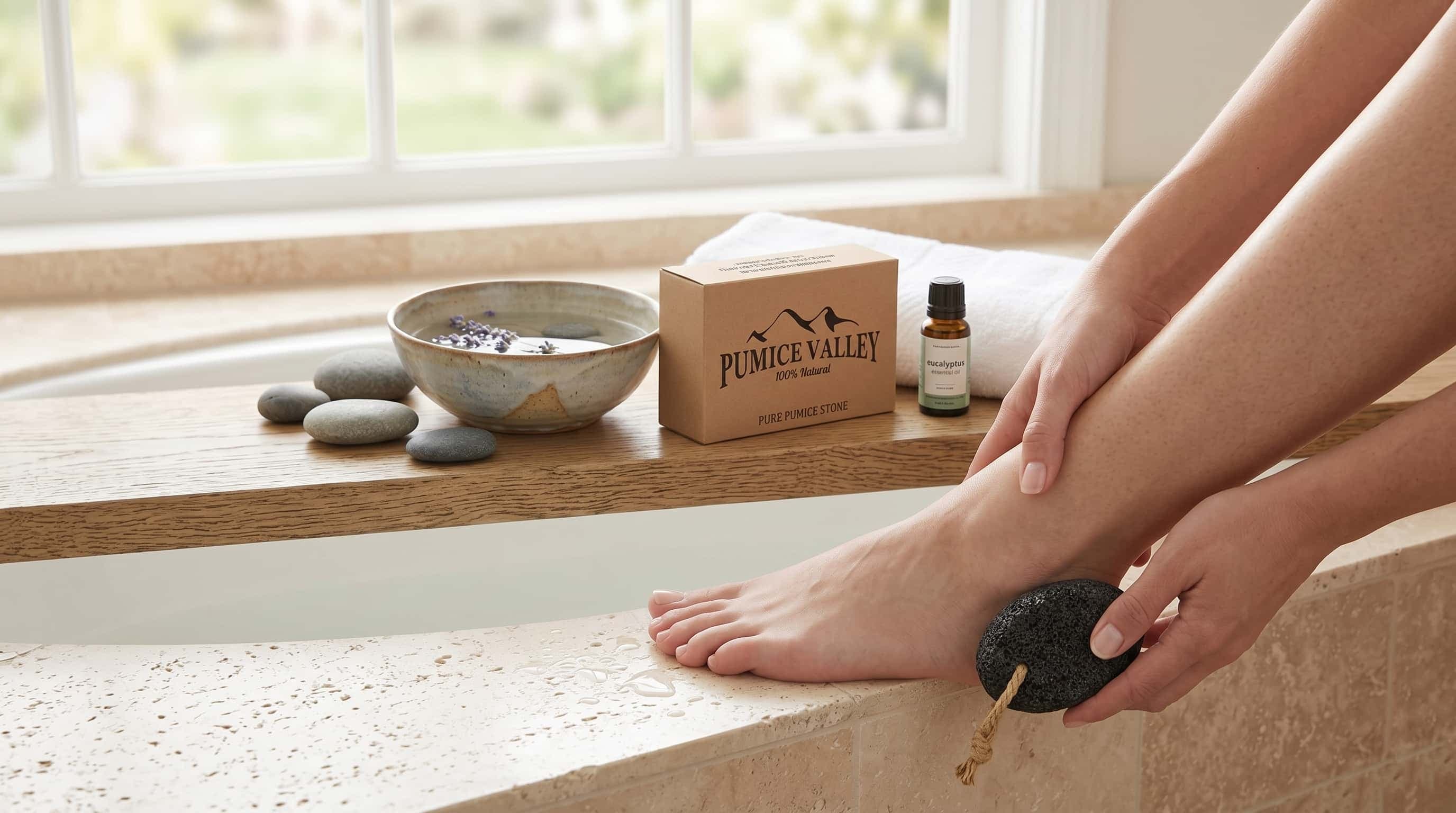 A natural pumice stone beside a rough heel in a bright bathroom setting.