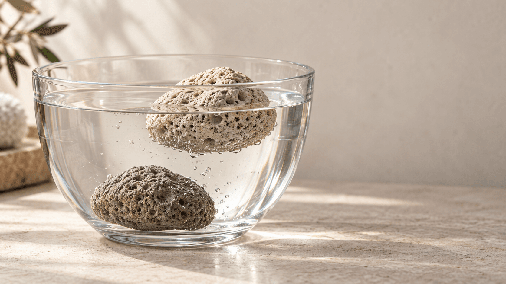 An irregular porous pumice stone floating in clear water.