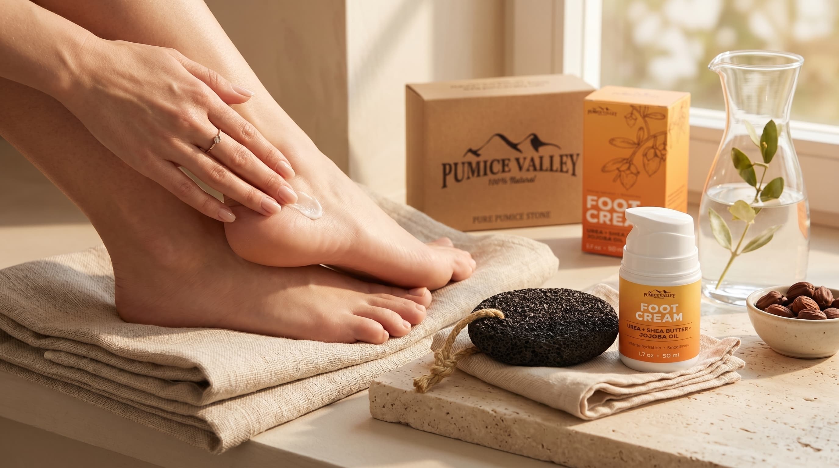 Close-up of soft, well-moisturized heels beside a natural pumice stone and rich foot cream in warm daylight